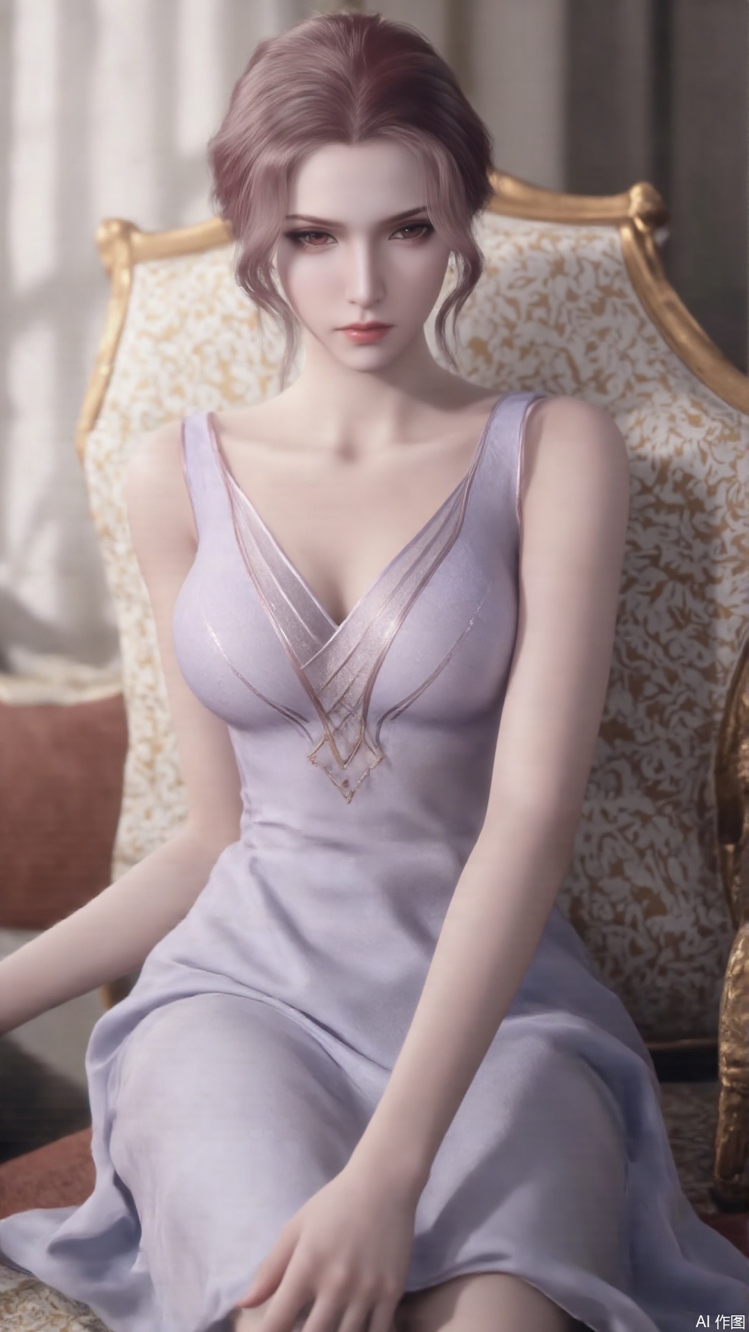 1girl, solo, sleeveless dress, looking at viewer, mischevious smile, perfect body, scenery, sharp focus, best quality, masterpiece, detailed outfit, illustration, perfect eyes, finely detailed beautiful anime eyes, realistic skin, intricate details, best lighting, depth of field, ultra high resolution, sitting