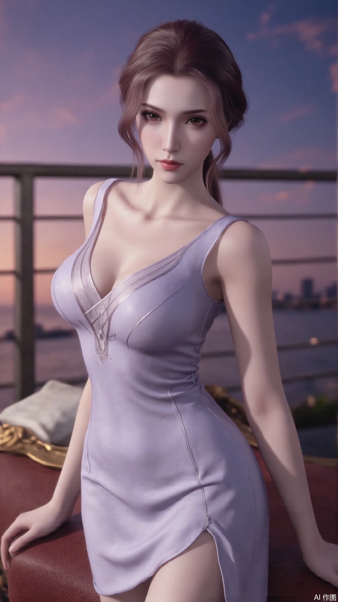 1girl, solo, red eyes, sleeveless dress, looking at viewer, mischevious smile, perfect body, scenery, sharp focus, best quality, masterpiece, detailed outfit, illustration, perfect eyes, finely detailed beautiful anime eyes, realistic skin, intricate details, best lighting, depth of field, ultra high resolution,cowboy_shot