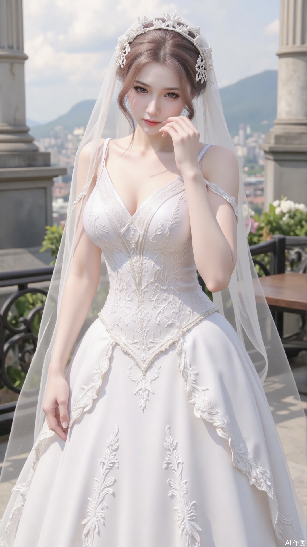 1girl, white wedding dress,looking at viewer, mischevious smile, perfect body, scenery, sharp focus, best quality, masterpiece, detailed outfit, illustration, perfect eyes, finely detailed beautiful anime eyes, realistic skin, intricate details, best lighting, depth of field, ultra high resolution, cowboy_shot, bride