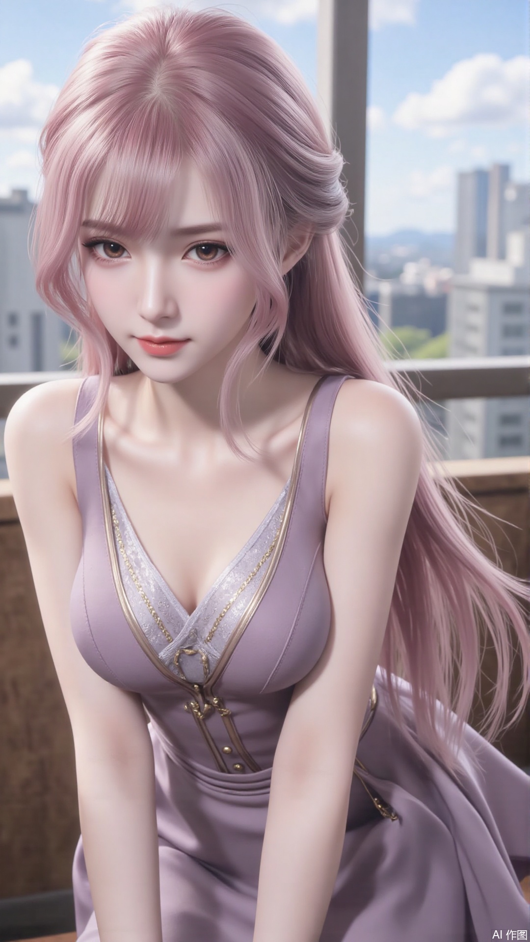 1girl, solo, sleeveless dress, looking at viewer, mischevious smile, perfect body, scenery, sharp focus, best quality, masterpiece, detailed outfit, illustration, perfect eyes, finely detailed beautiful anime eyes, realistic skin, intricate details, best lighting, depth of field, ultra high resolution, cowboy_shot