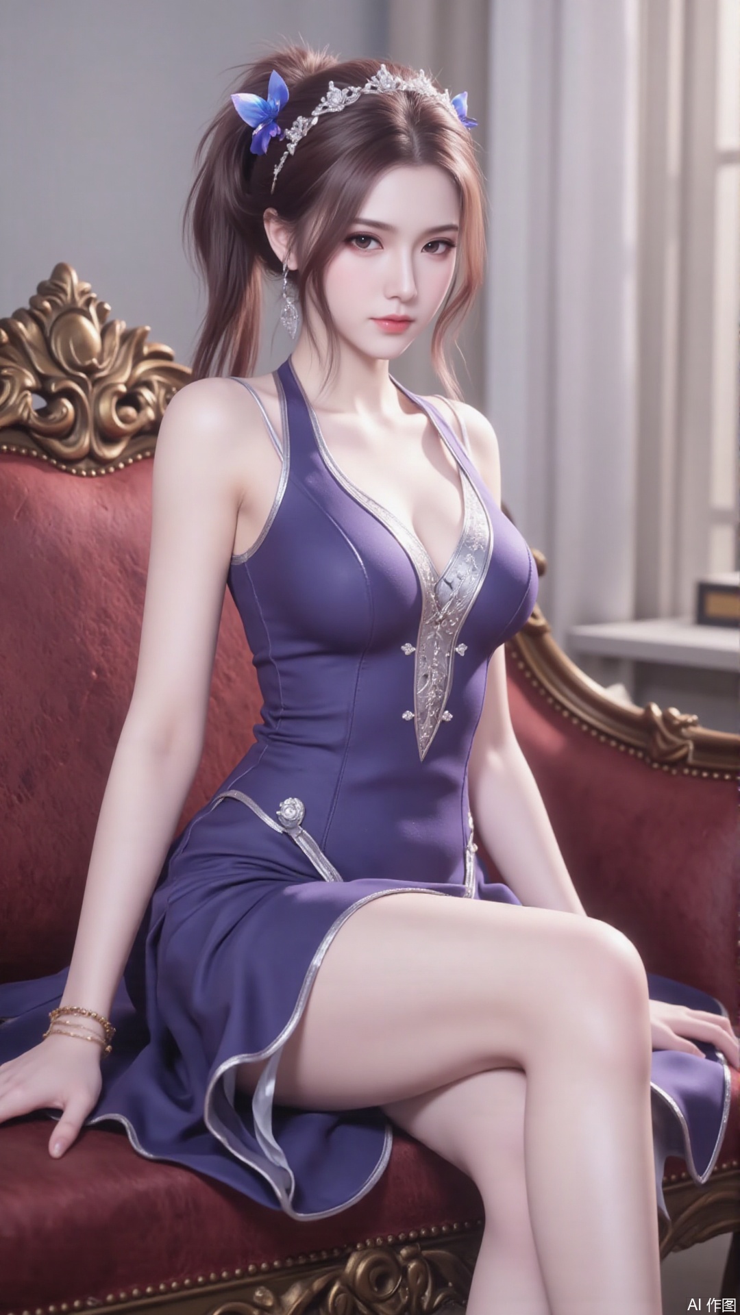 1girl, solo, sleeveless dress, looking at viewer, mischevious smile, perfect body, scenery, sharp focus, best quality, masterpiece, detailed outfit, illustration, perfect eyes, finely detailed beautiful anime eyes, realistic skin, intricate details, best lighting, depth of field, ultra high resolution, sitting