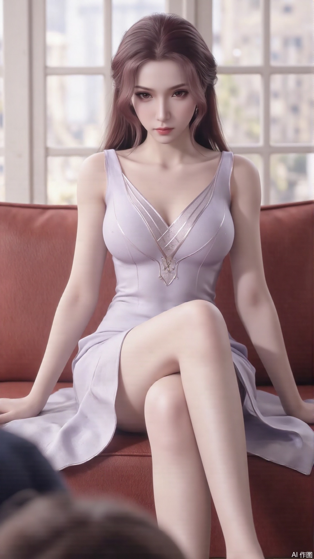 1girl, solo, sleeveless dress, looking at viewer, mischevious smile, perfect body, scenery, sharp focus, best quality, masterpiece, detailed outfit, illustration, perfect eyes, finely detailed beautiful anime eyes, realistic skin, intricate details, best lighting, depth of field, ultra high resolution, sitting