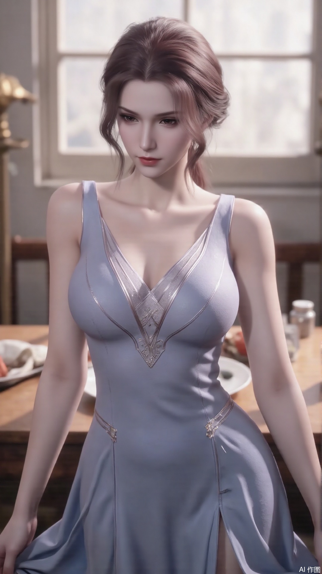 1girl, solo, red eyes, sleeveless dress, looking at viewer, mischevious smile, perfect body, scenery, sharp focus, best quality, masterpiece, detailed outfit, illustration, perfect eyes, finely detailed beautiful anime eyes, realistic skin, intricate details, best lighting, depth of field, ultra high resolution,cowboy_shot
