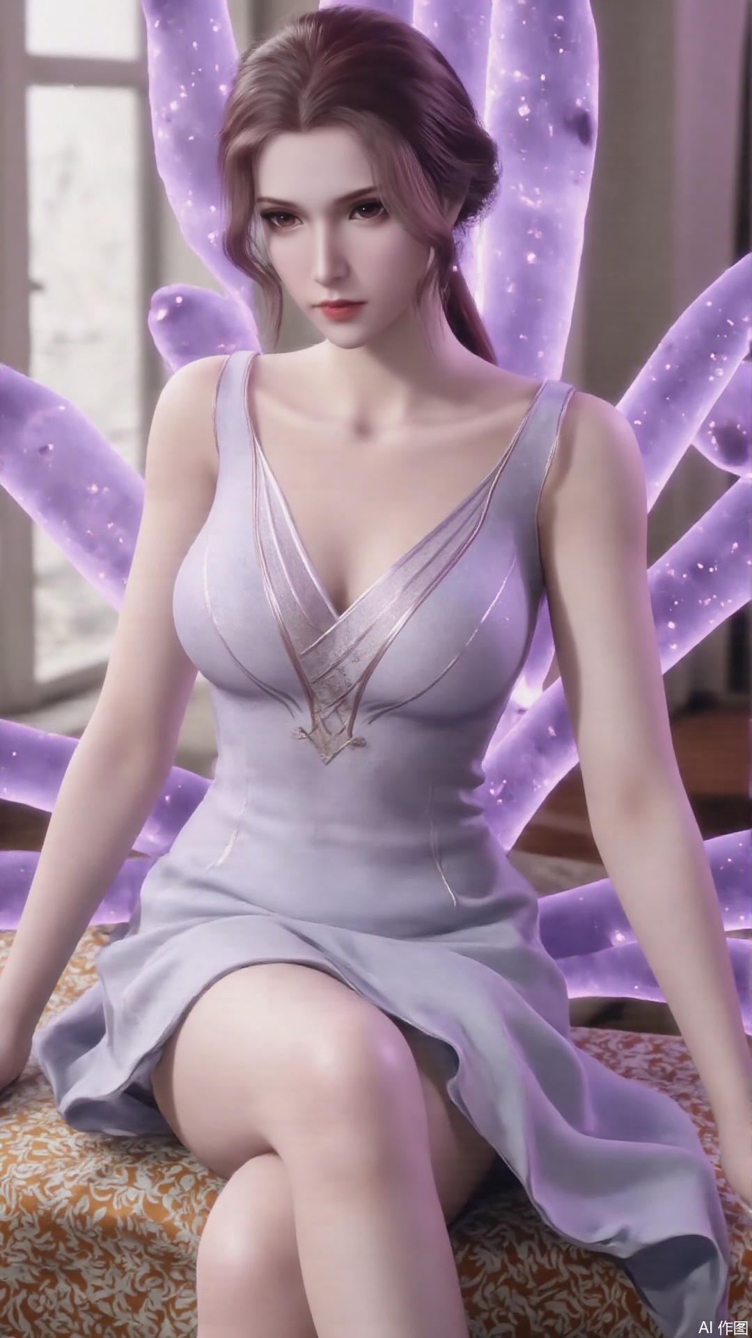 1girl, solo, sleeveless dress, looking at viewer, mischevious smile, perfect body, scenery, sharp focus, best quality, masterpiece, detailed outfit, illustration, perfect eyes, finely detailed beautiful anime eyes, realistic skin, intricate details, best lighting, depth of field, ultra high resolution, sitting