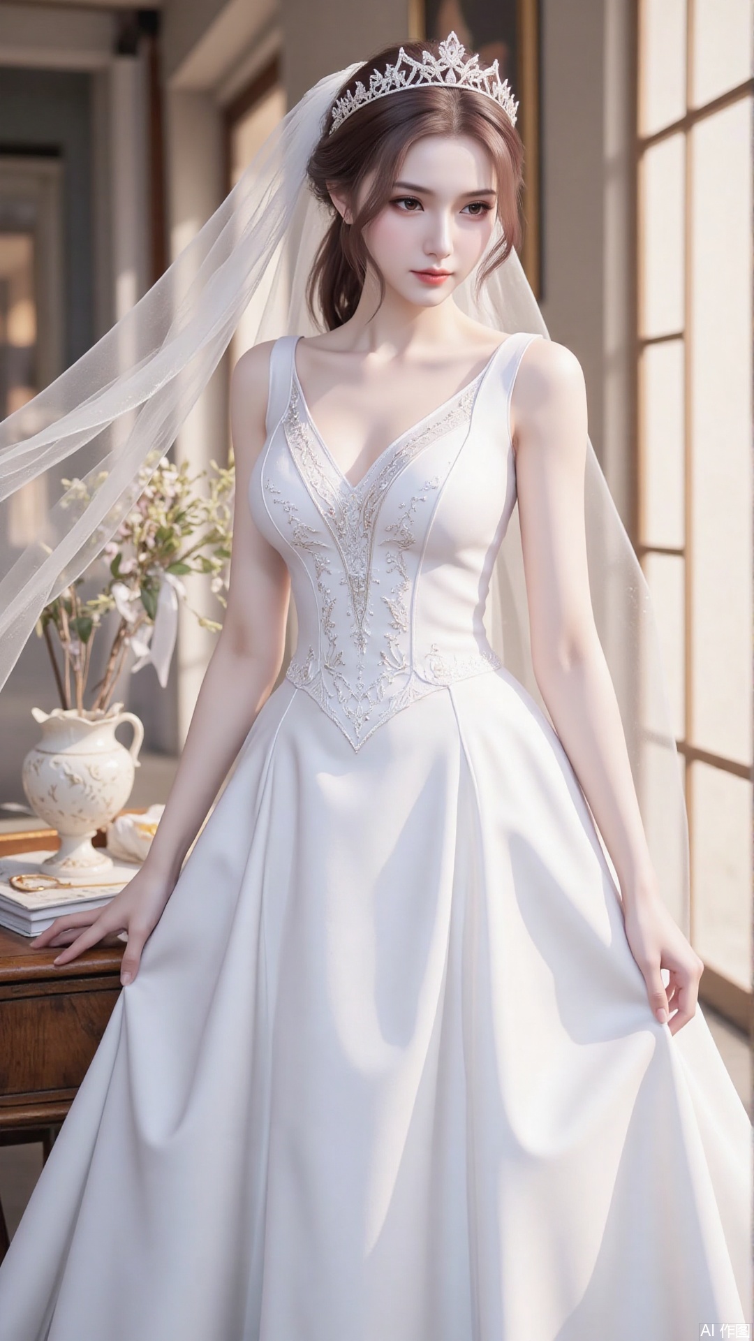 1girl, white wedding dress,looking at viewer, mischevious smile, perfect body, scenery, sharp focus, best quality, masterpiece, detailed outfit, illustration, perfect eyes, finely detailed beautiful anime eyes, realistic skin, intricate details, best lighting, depth of field, ultra high resolution, cowboy_shot, bride
