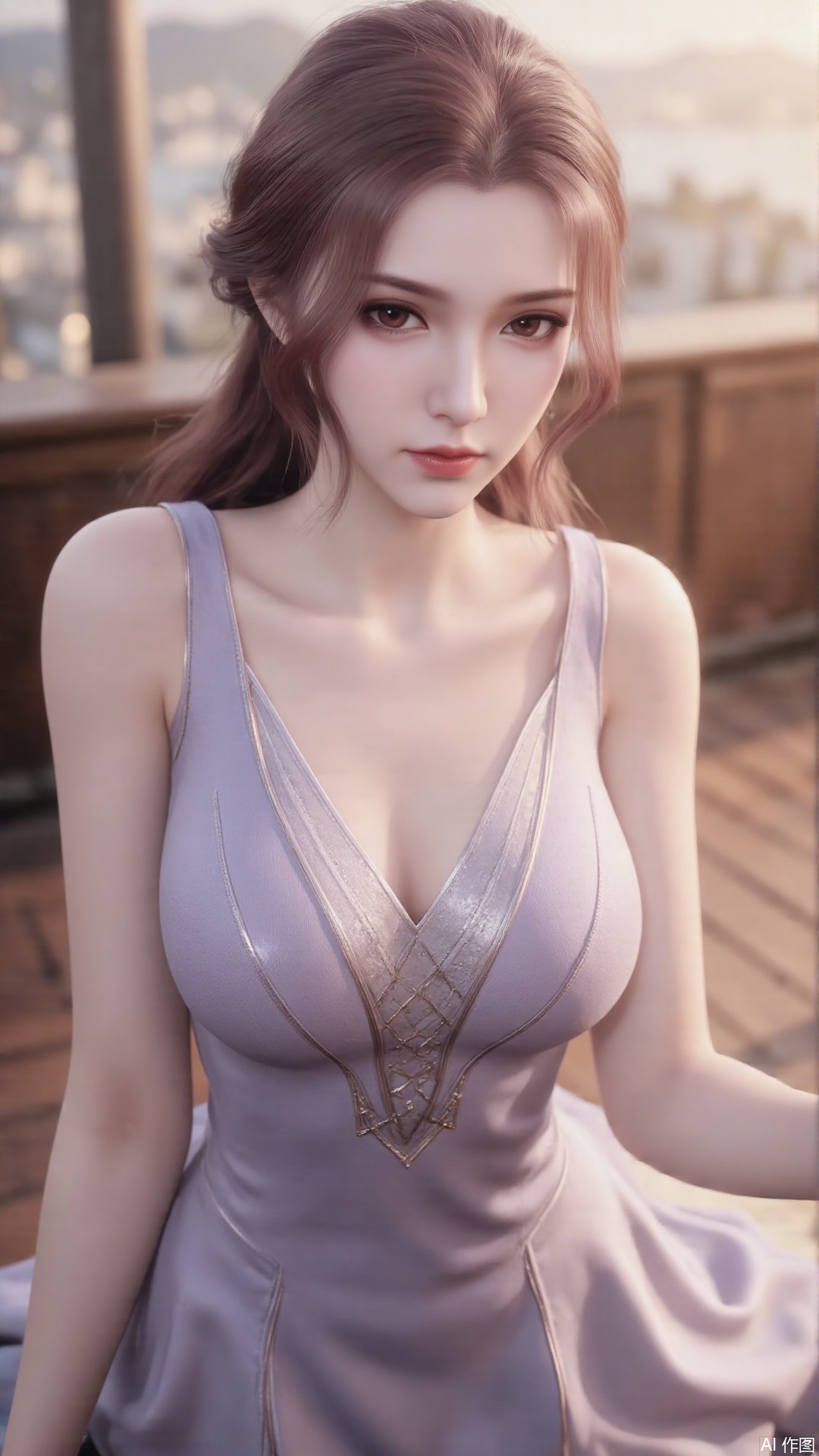 1girl, solo, red eyes, long hair, sleeveless dress, looking at viewer, mischevious smile, perfect body, scenery, sharp focus, best quality, masterpiece, detailed outfit, illustration, perfect eyes, finely detailed beautiful anime eyes, realistic skin, intricate details, best lighting, depth of field, ultra high resolution,cowboy_shot