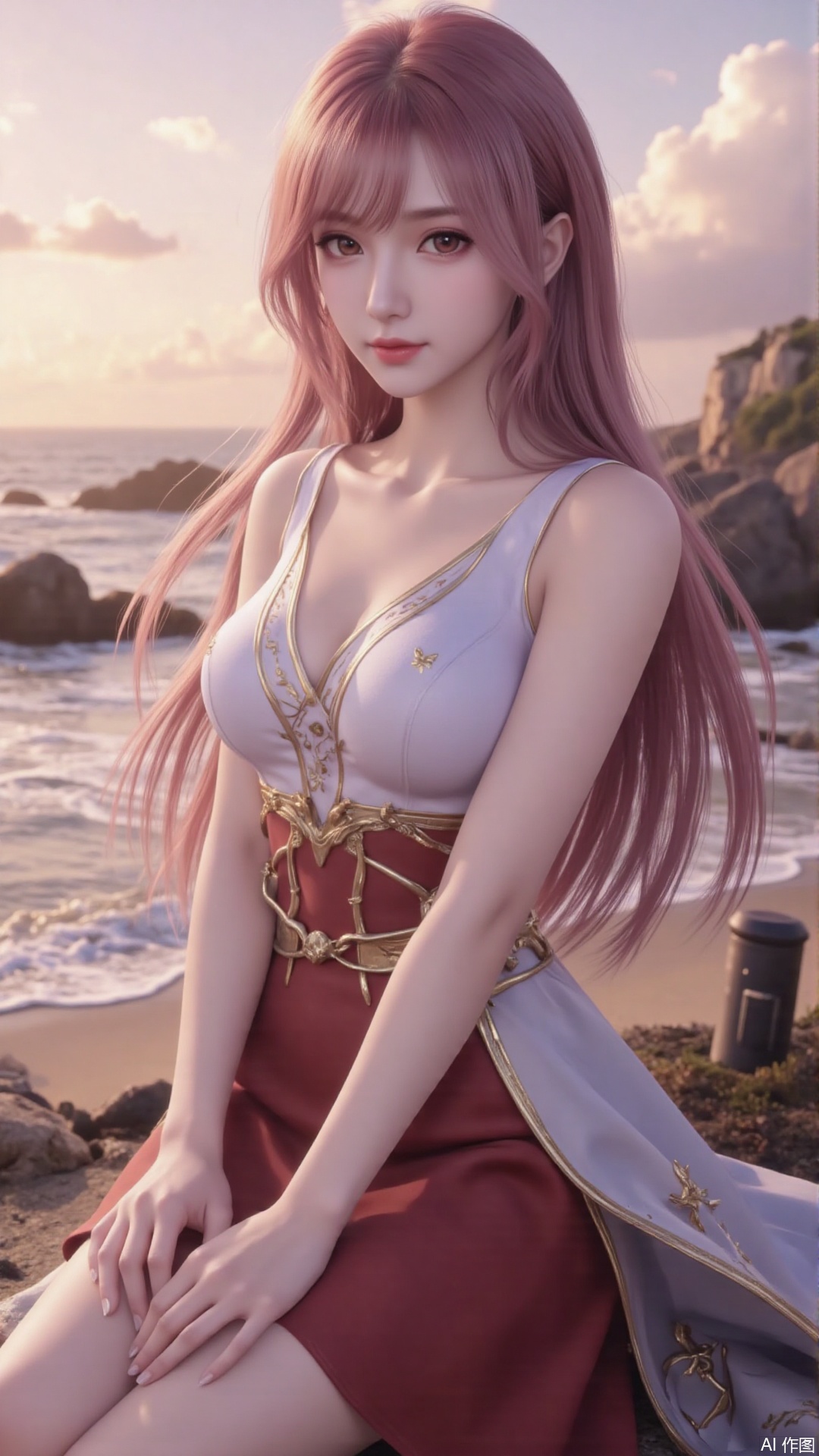 1girl, solo, red eyes, long hair, sleeveless dress, looking at viewer, mischevious smile, perfect body, scenery, sharp focus, best quality, masterpiece, detailed outfit, illustration, perfect eyes, finely detailed beautiful anime eyes, realistic skin, intricate details, best lighting, depth of field, ultra high resolution,cowboy_shot