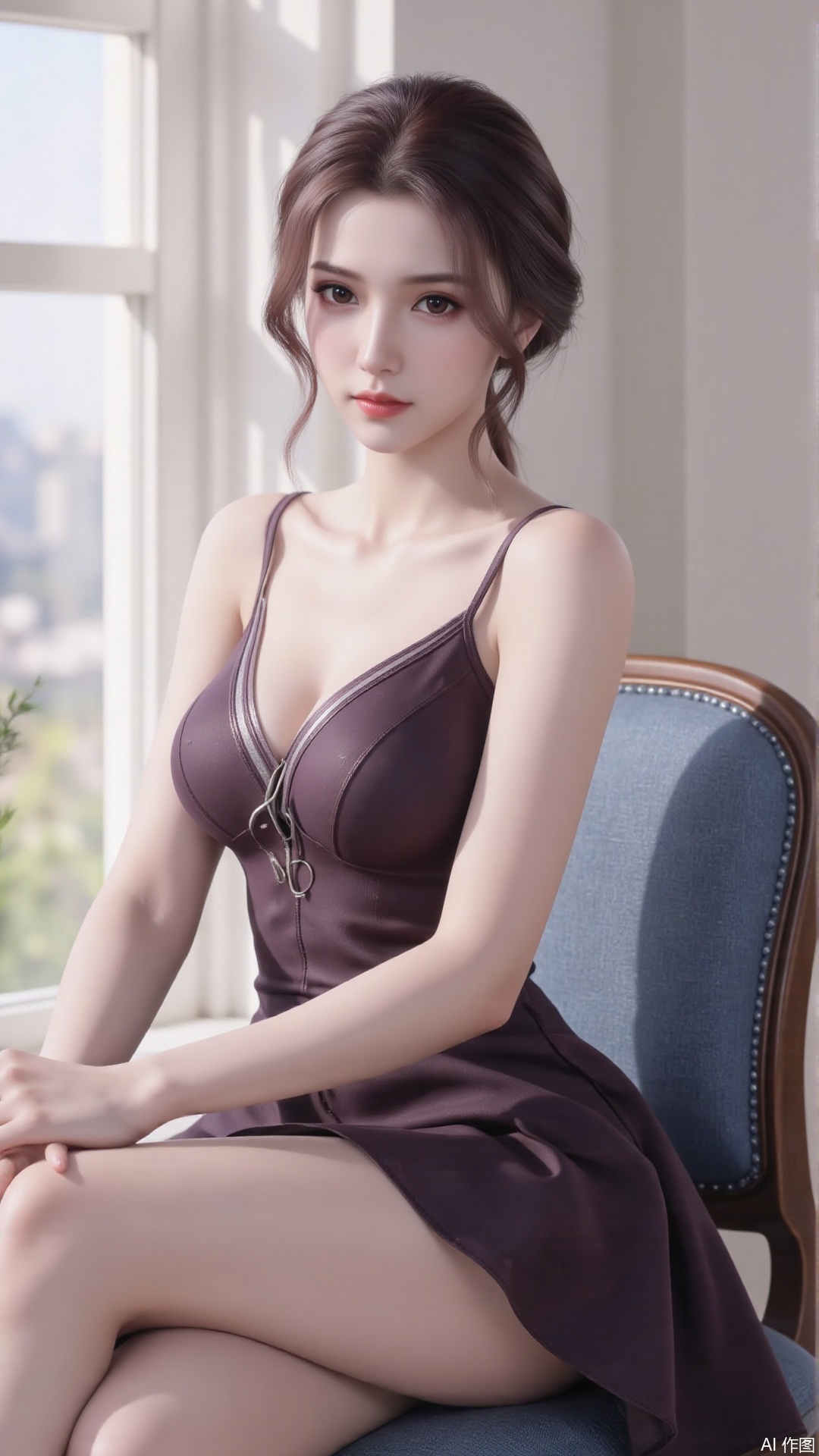 1girl, solo, sleeveless dress, looking at viewer, mischevious smile, perfect body, scenery, sharp focus, best quality, masterpiece, detailed outfit, illustration, perfect eyes, finely detailed beautiful anime eyes, realistic skin, intricate details, best lighting, depth of field, ultra high resolution, sitting