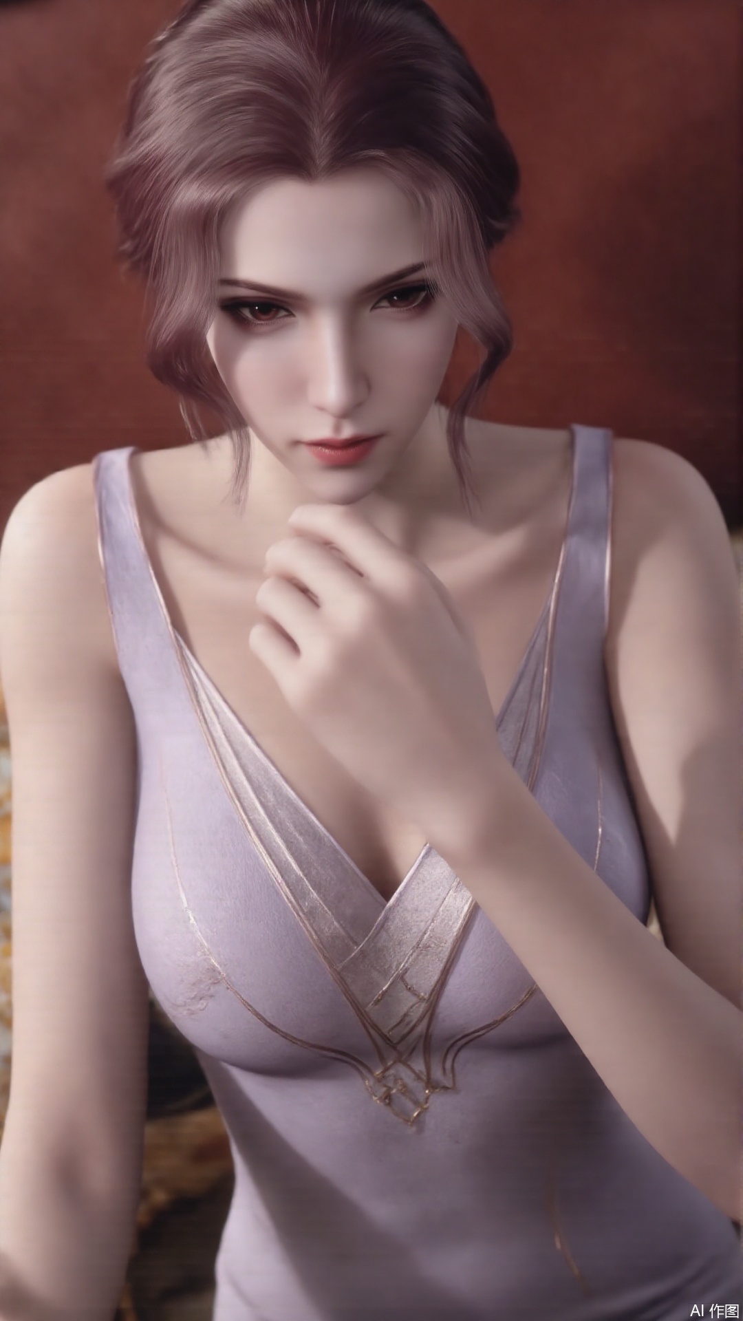 1girl, solo, red eyes, long hair, sleeveless dress, looking at viewer, mischevious smile, perfect body, scenery, sharp focus, best quality, masterpiece, detailed outfit, illustration, perfect eyes, finely detailed beautiful anime eyes, realistic skin, intricate details, best lighting, depth of field, ultra high resolution,cowboy_shot