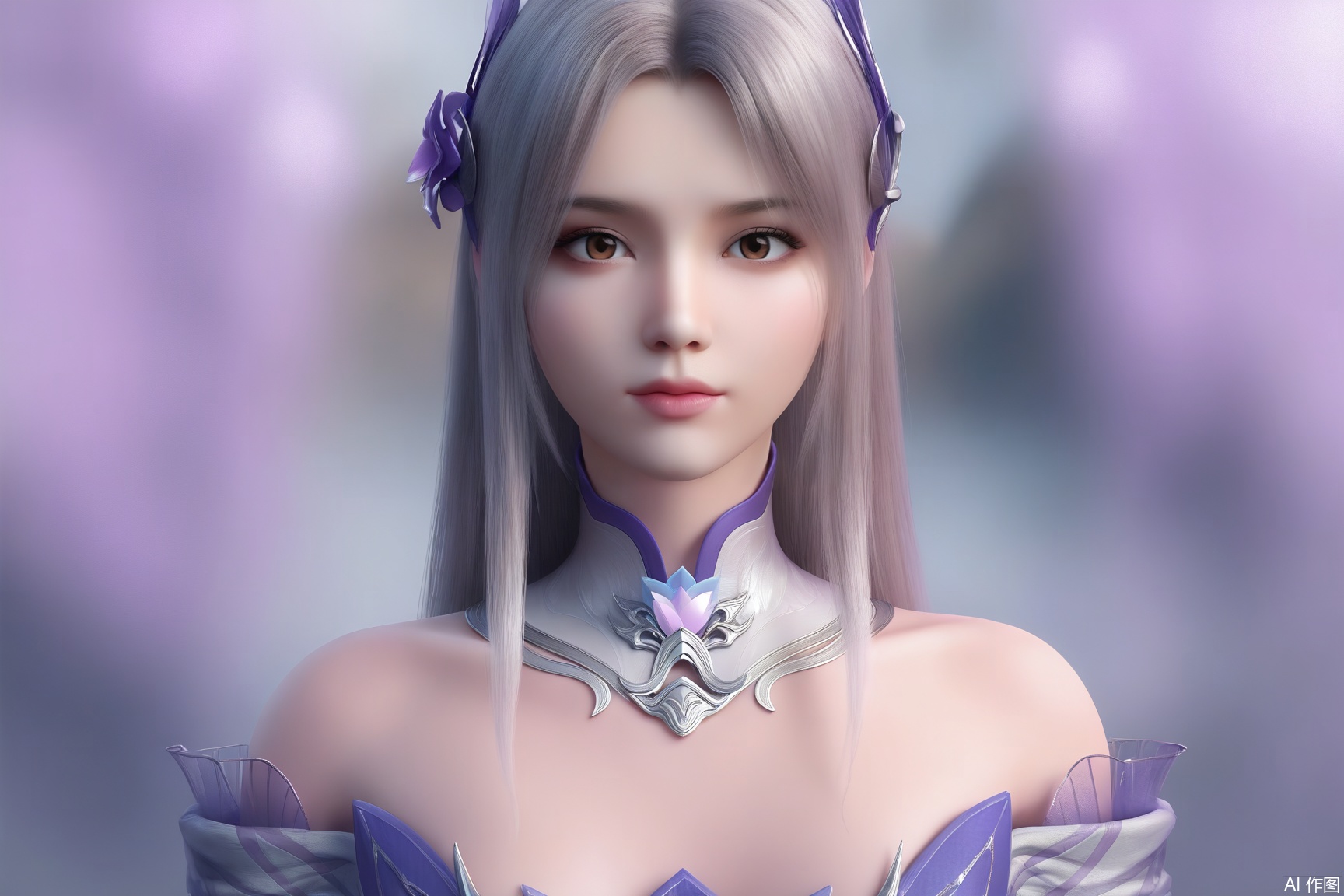 1girl, solo, long hair, looking at viewer, hair ornament, dress, bare shoulders, brown eyes, upper body, detached collar, realistic, 
masterpiece, best quality, absurdres, highres, amazing quality, very aesthetic,  newest, absurdres, highres, highly detailed, very aesthetic,