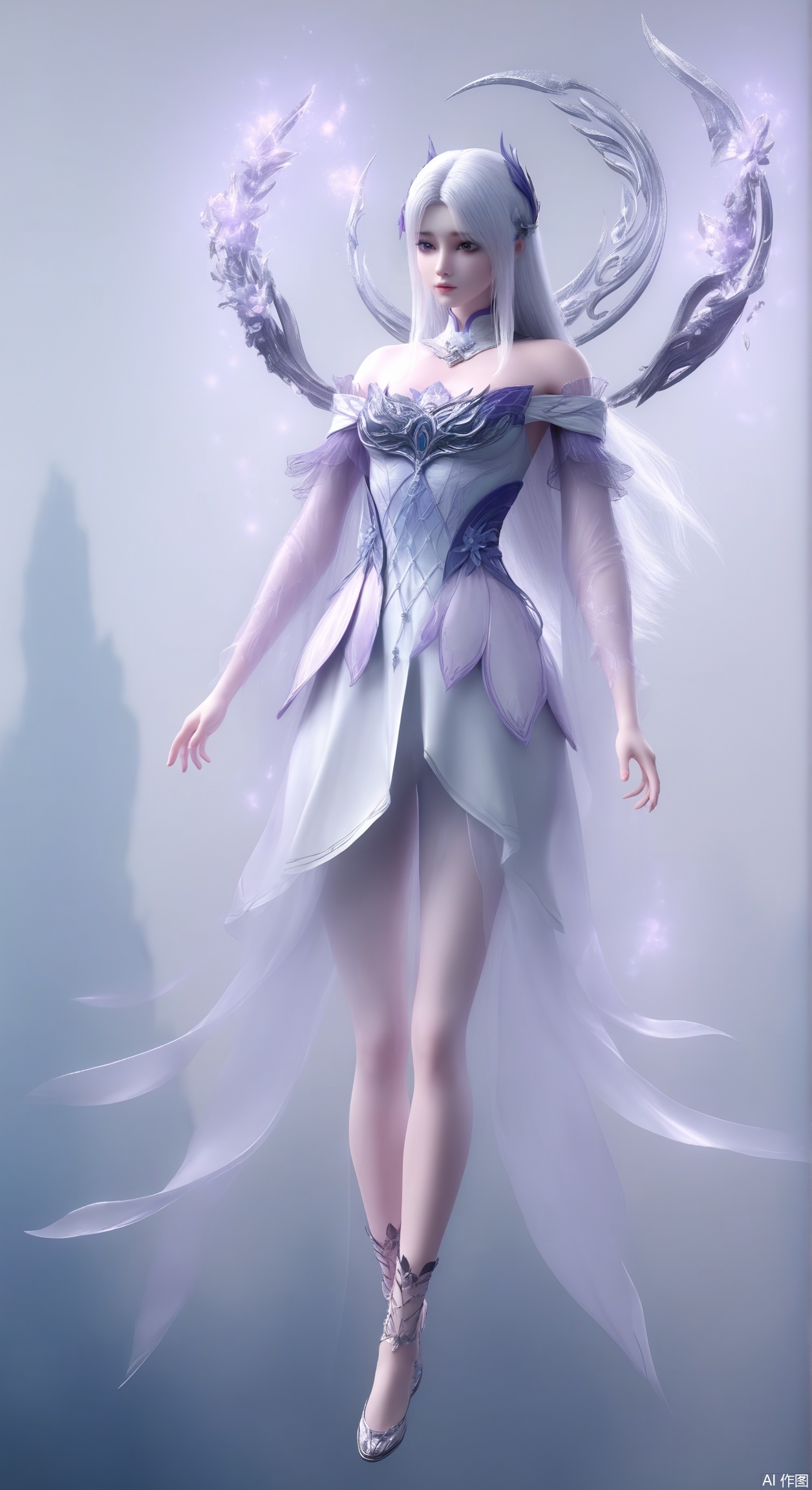 1girl, solo, long hair, hair ornament, dress, bare shoulders, full body, white hair, dress, floating, 
masterpiece, best quality, absurdres, highres, amazing quality, very aesthetic,  newest, absurdres, highres, highly detailed, very aesthetic,
