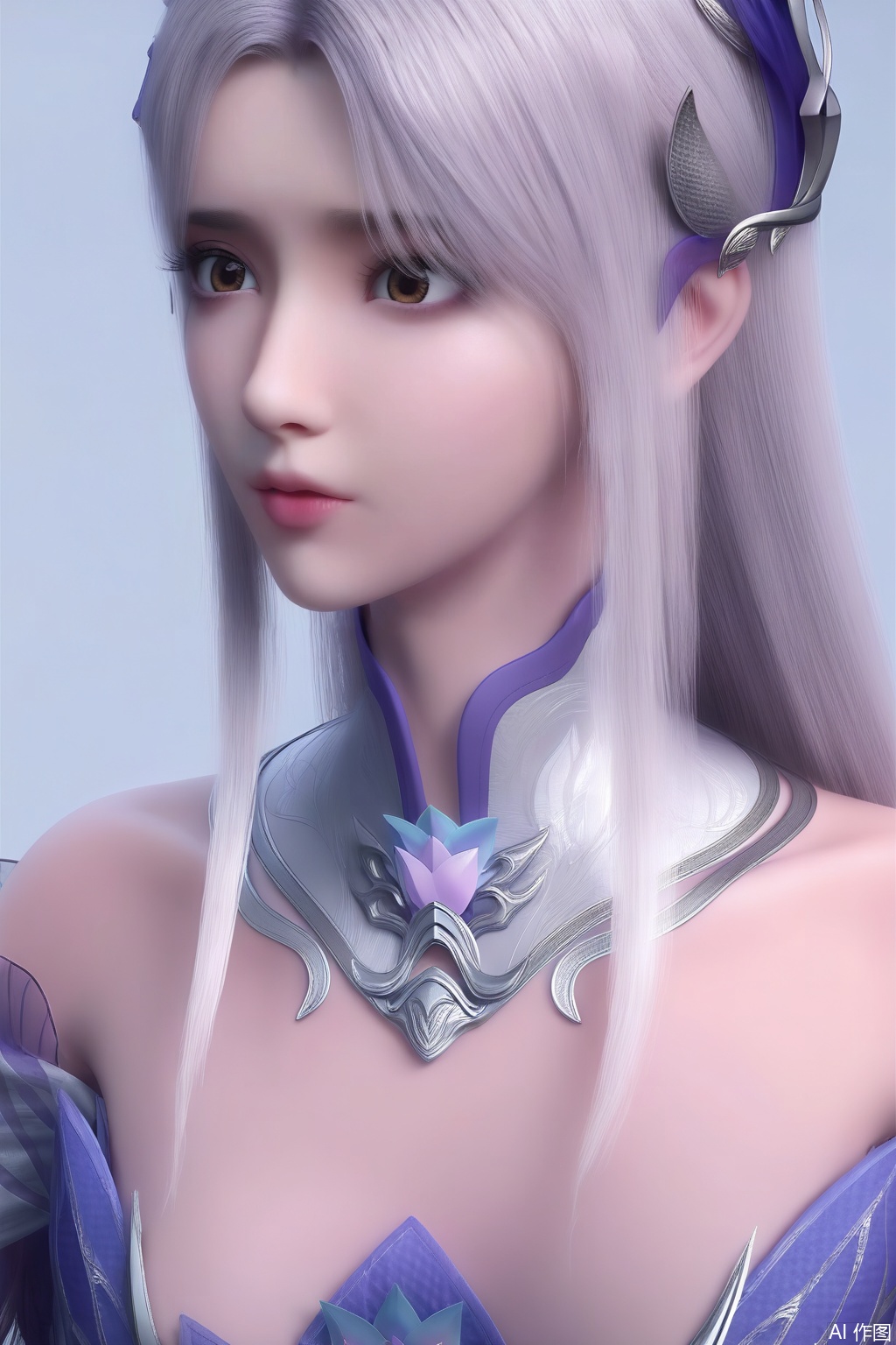 1girl, solo, long hair, looking at viewer, hair ornament, dress, bare shoulders, brown eyes, upper body, detached collar, realistic, 
masterpiece, best quality, absurdres, highres, amazing quality, very aesthetic,  newest, absurdres, highres, highly detailed, very aesthetic,