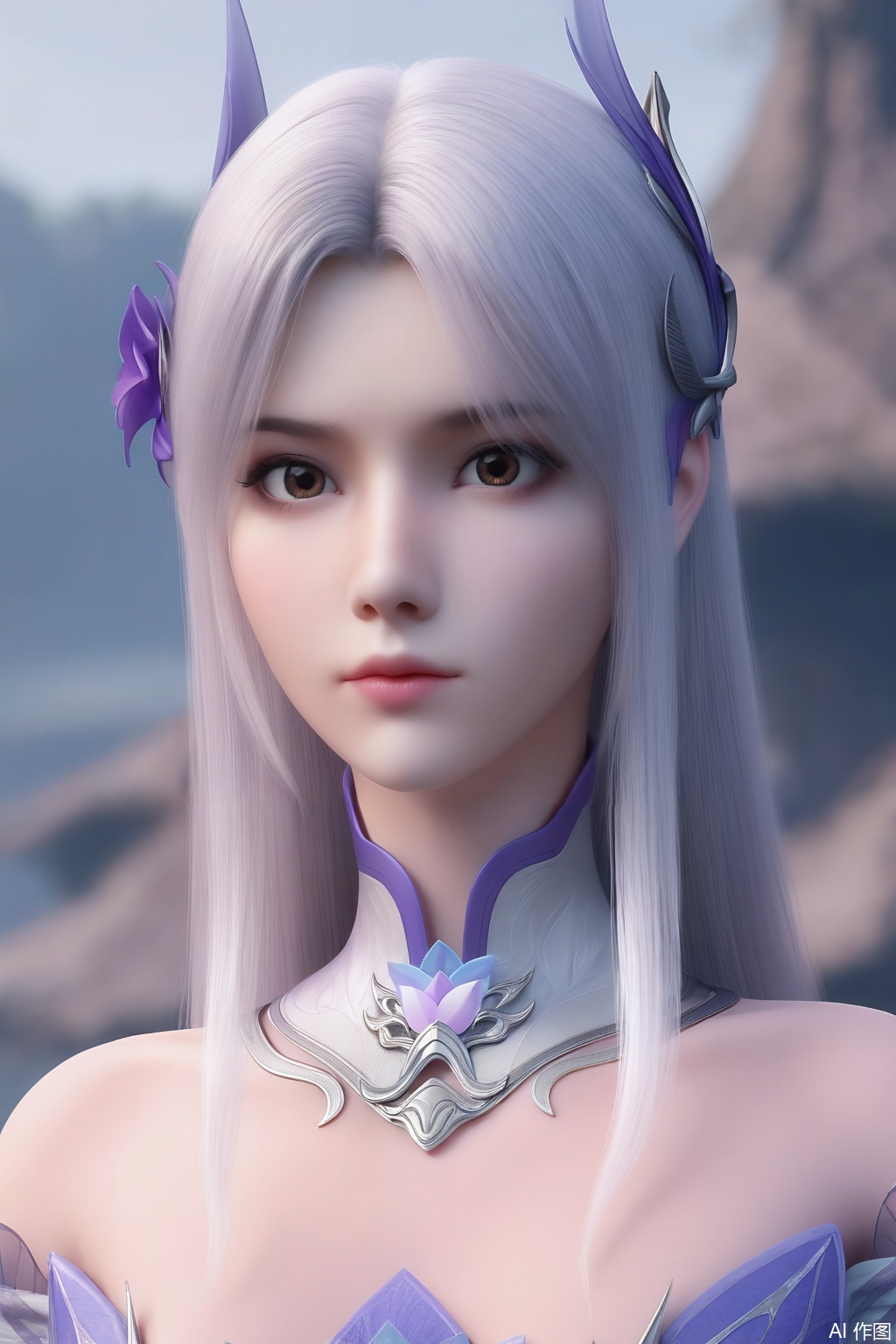 1girl, solo, long hair, looking at viewer, hair ornament,  closed mouth,dress, bare shoulders, brown eyes, upper body, detached collar, realistic, 
masterpiece, best quality, absurdres, highres, amazing quality, very aesthetic,  newest, absurdres, highres, highly detailed, very aesthetic,