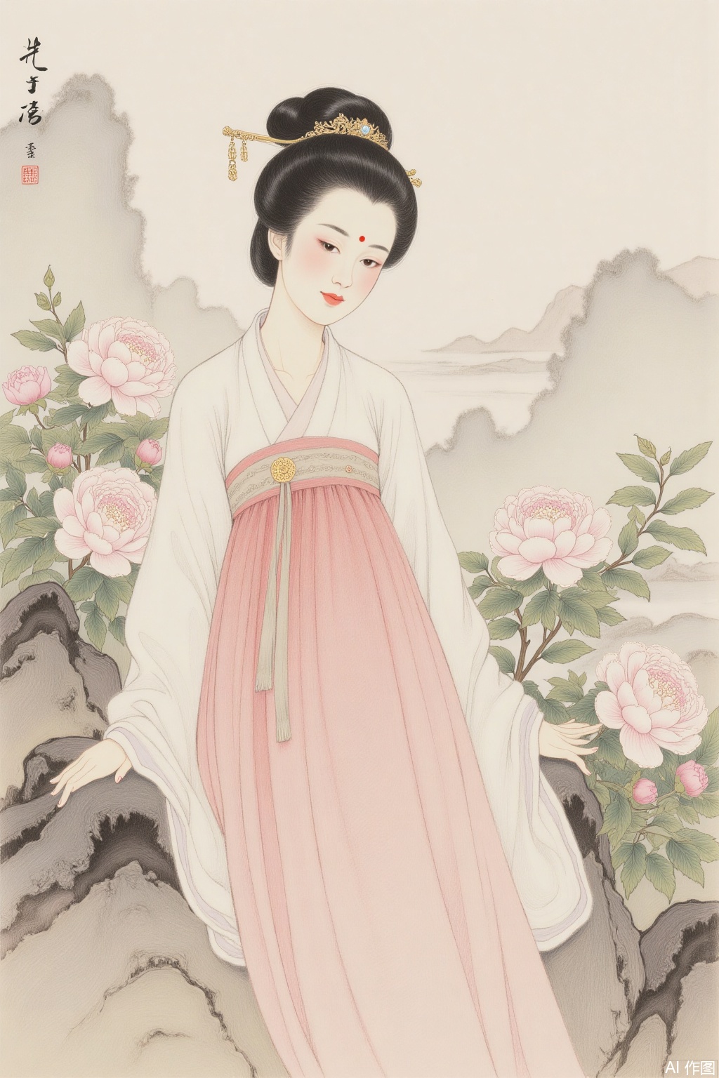 Ink and paint style, plump Yang Yuhuan hairpin hairpin, embroidered skirt leaning against peonies, eyebrows and eyes are filled with charm, background is smudged in ink and paint, the brushstrokes are intertwined with virtual and real, classic and elegant,srcq