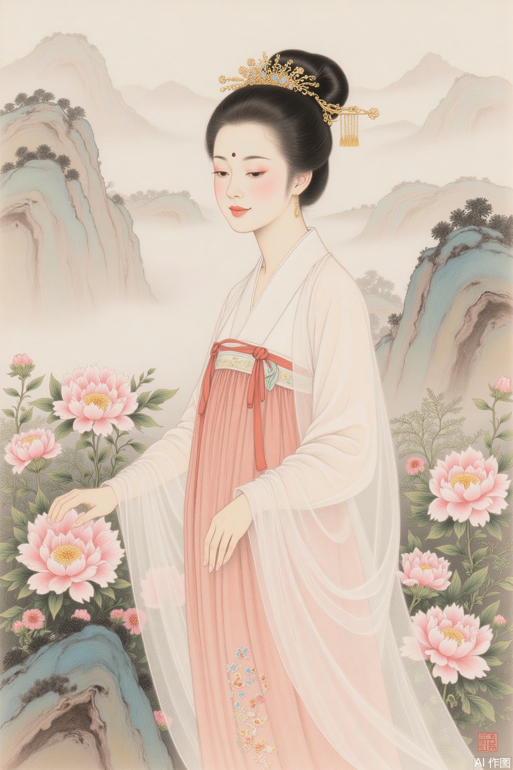 Ink and paint style, plump Yang Yuhuan hairpin hairpin, embroidered skirt leaning against peonies, eyebrows and eyes are filled with charm, background is smudged in ink and paint, the brushstrokes are intertwined with virtual and real, classic and elegant,srcq