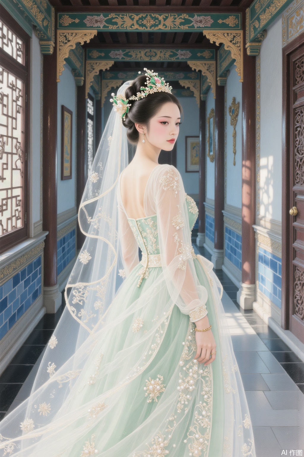 In the style of ink and paint, 1 girl was wearing an exquisite and beautiful wedding dress and a pearl and green crown on her head, and stopped among the ancient corridors of carved beams and painted buildings. The window lattice leaks, the blue bricks and black tiles, the picture is elegantly smudged, and the brushstrokes are delicately outlined in the classical charm. ,srcq,fgxp