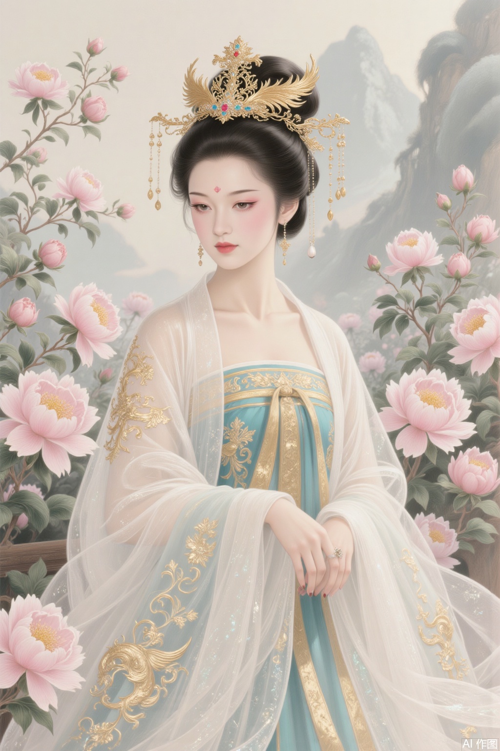 Ink and paint style, plump Yang Yuhuan hairpin hairpin,  Phoenix crown and cloud-like robe,embroidered skirt leaning against peonies, eyebrows and eyes are filled with charm, background is smudged in ink and paint, the brushstrokes are intertwined with virtual and real, classic and elegant,srcq,fgxp
