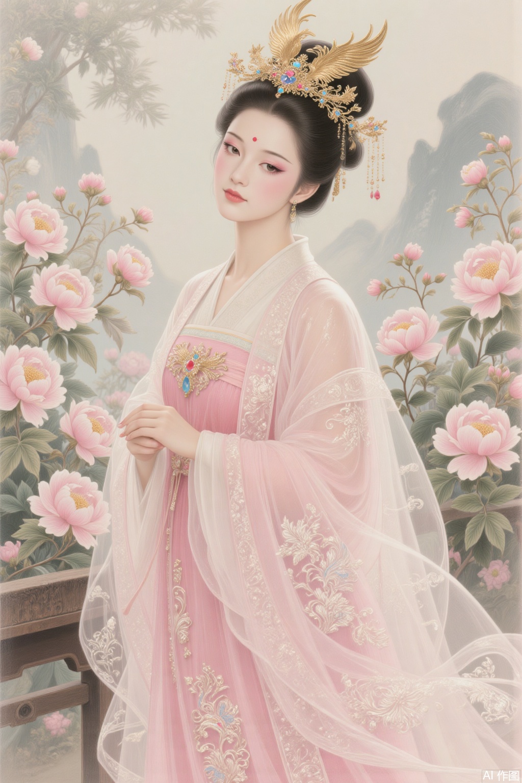 Ink and paint style, plump Yang Yuhuan hairpin hairpin,  Phoenix crown and cloud-like robe,embroidered skirt leaning against peonies, eyebrows and eyes are filled with charm, background is smudged in ink and paint, the brushstrokes are intertwined with virtual and real, classic and elegant,srcq,fgxp