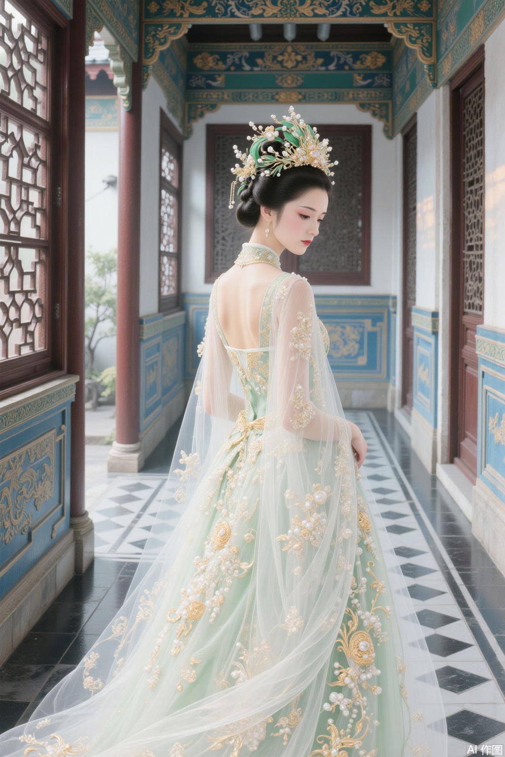 In the style of ink and paint, 1 girl was wearing an exquisite and beautiful wedding dress and a pearl and green crown on her head, and stopped among the ancient corridors of carved beams and painted buildings. The window lattice leaks, the blue bricks and black tiles, the picture is elegantly smudged, and the brushstrokes are delicately outlined in the classical charm. ,srcq,fgxp