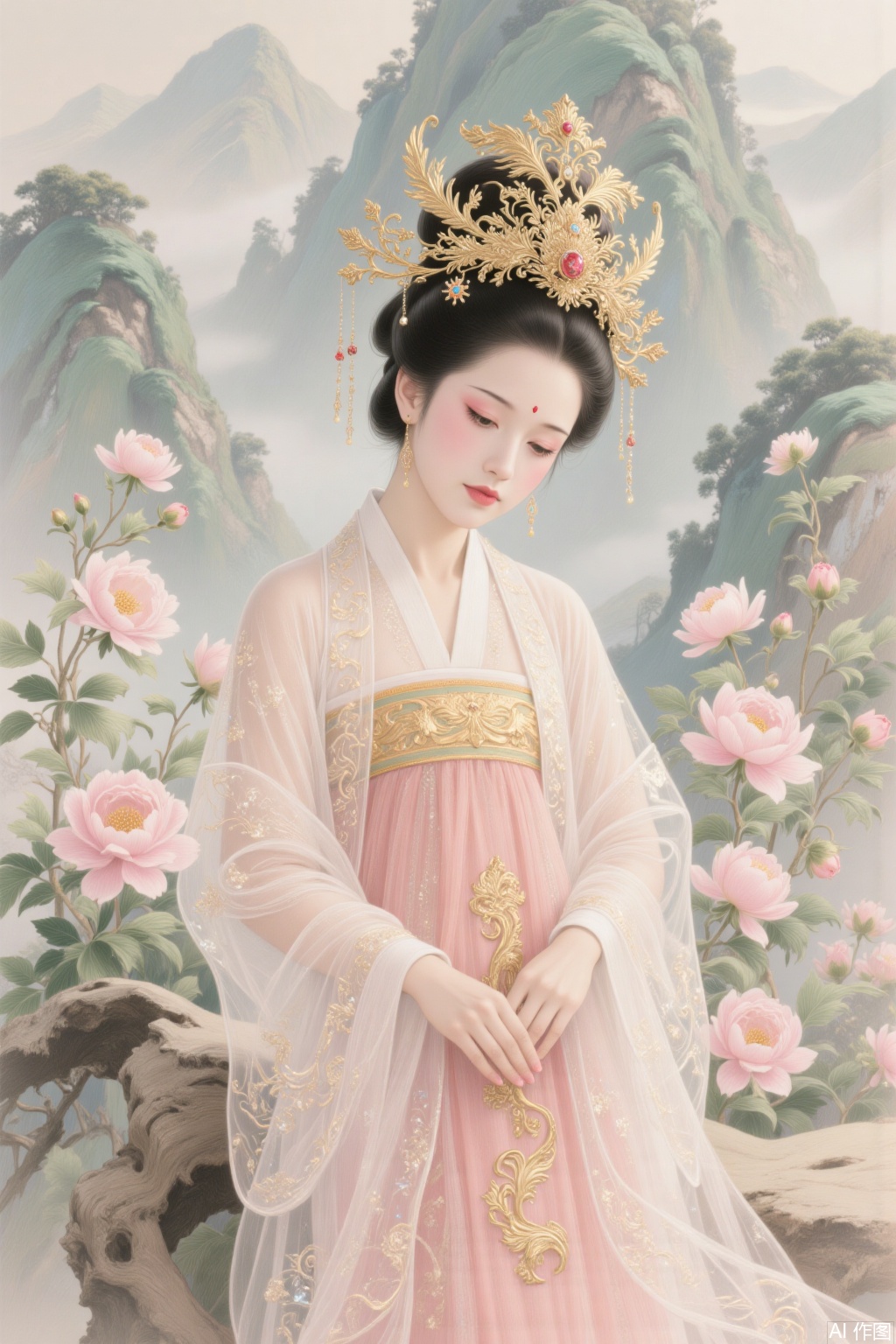Ink and paint style, plump Yang Yuhuan hairpin hairpin,  Phoenix crown and cloud-like robe,embroidered skirt leaning against peonies, eyebrows and eyes are filled with charm, background is smudged in ink and paint, the brushstrokes are intertwined with virtual and real, classic and elegant,srcq,fgxp