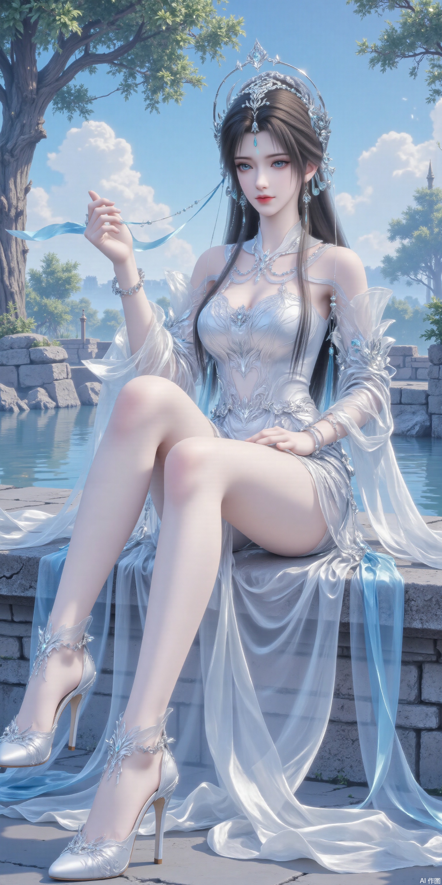Ultra clear, wallpaper, 8k, sitting,masterpiece, masterpiece,best quality,high quality,,chromatic_aberration,Hair accessories,tree,blue sky ,river,Super long legs,stone,white shirt , ,High heeled sandals,earring,black hair,Light Blue Theme,long legs ,thin legs (masterpiece,wallpaper,best quality:2),1girl,full body,hanfu,full_shot,wallpaper,full body,beautiful legs,seductive_smile,socks_removed, looking_at_viewer,dumpling_Hug_Pillow,cleavage,huge Breasts,embossed high heels,plns_high heels,huaxiangr,magnificent,embossed high heels