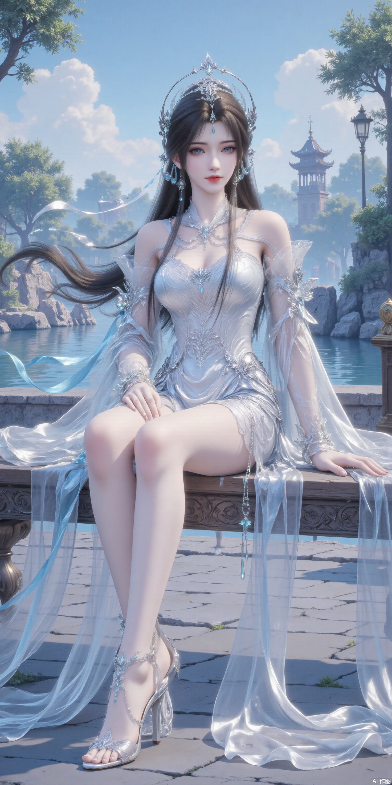 Ultra clear, wallpaper, 8k, sitting,masterpiece, masterpiece,best quality,high quality,,chromatic_aberration,Hair accessories,tree,blue sky ,river,Super long legs,stone,white shirt , ,High heeled sandals,earring,black hair,Light Blue Theme,long legs ,thin legs (masterpiece,wallpaper,best quality:2),1girl,full body,hanfu,full_shot,wallpaper,full body,beautiful legs,seductive_smile,socks_removed, looking_at_viewer,dumpling_Hug_Pillow,cleavage,huge Breasts,embossed high heels,plns_high heels,huaxiangr,magnificent,embossed high heels