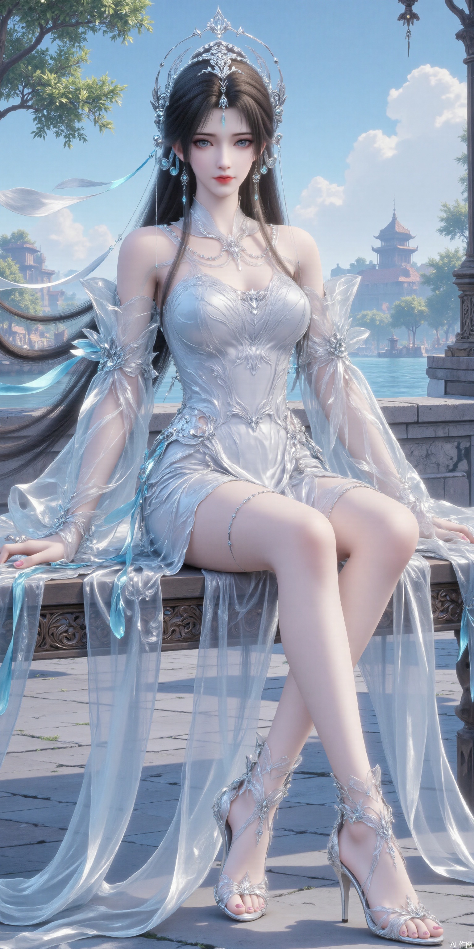 Ultra clear, wallpaper, 8k, sitting,masterpiece, masterpiece,best quality,high quality,,chromatic_aberration,Hair accessories,tree,blue sky ,river,Super long legs,stone,white shirt , ,High heeled sandals,earring,black hair,Light Blue Theme,long legs ,thin legs (masterpiece,wallpaper,best quality:2),1girl,full body,hanfu,full_shot,wallpaper,full body,beautiful legs,seductive_smile,socks_removed, looking_at_viewer,dumpling_Hug_Pillow,cleavage,huge Breasts,embossed high heels,plns_high heels,huaxiangr,magnificent,embossed high heels