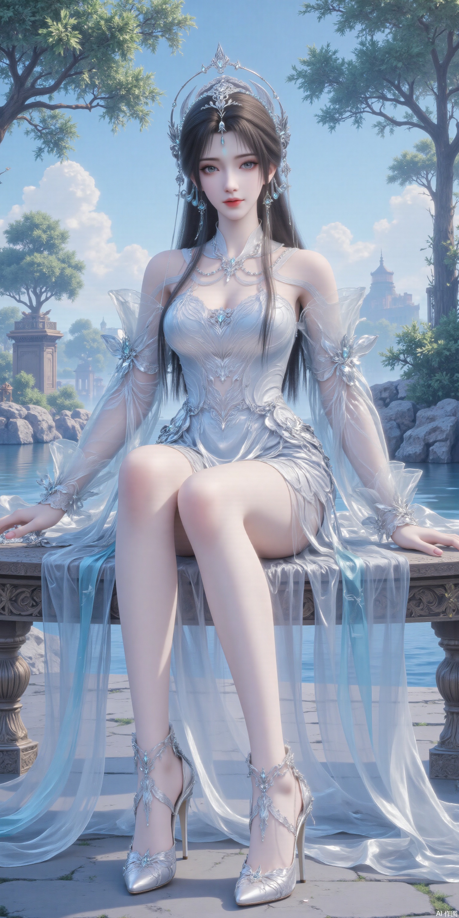 Ultra clear, wallpaper, 8k, sitting,masterpiece, masterpiece,best quality,high quality,,chromatic_aberration,Hair accessories,tree,blue sky ,river,Super long legs,stone,white shirt , ,High heeled sandals,earring,black hair,Light Blue Theme,long legs ,thin legs (masterpiece,wallpaper,best quality:2),1girl,full body,hanfu,full_shot,wallpaper,full body,beautiful legs,seductive_smile,socks_removed, looking_at_viewer,dumpling_Hug_Pillow,cleavage,huge Breasts,embossed high heels,plns_high heels,huaxiangr,magnificent,embossed high heels