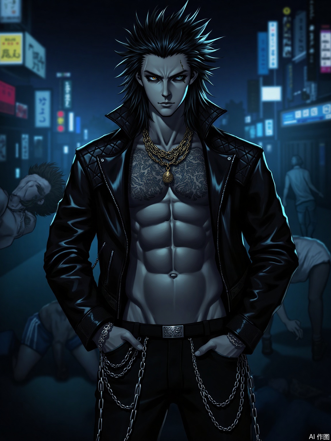 The image depicts a character standing confidently in a neon-lit urban environment. The character is wearing a black leather jacket with a quilted pattern on the shoulders, revealing a muscular torso adorned with tattoos. The character has long, spiky hair and multiple necklaces, including a prominent pendant. one hand on waist,have chains hanging from their waist and jacket. The background shows a dimly lit, futuristic cityscape with neon signs and a few other figures in the distance, some of whom appear to be in distress or chaos. The overall atmosphere is dark and edgy, with a focus on the character's bold and rebellious style.