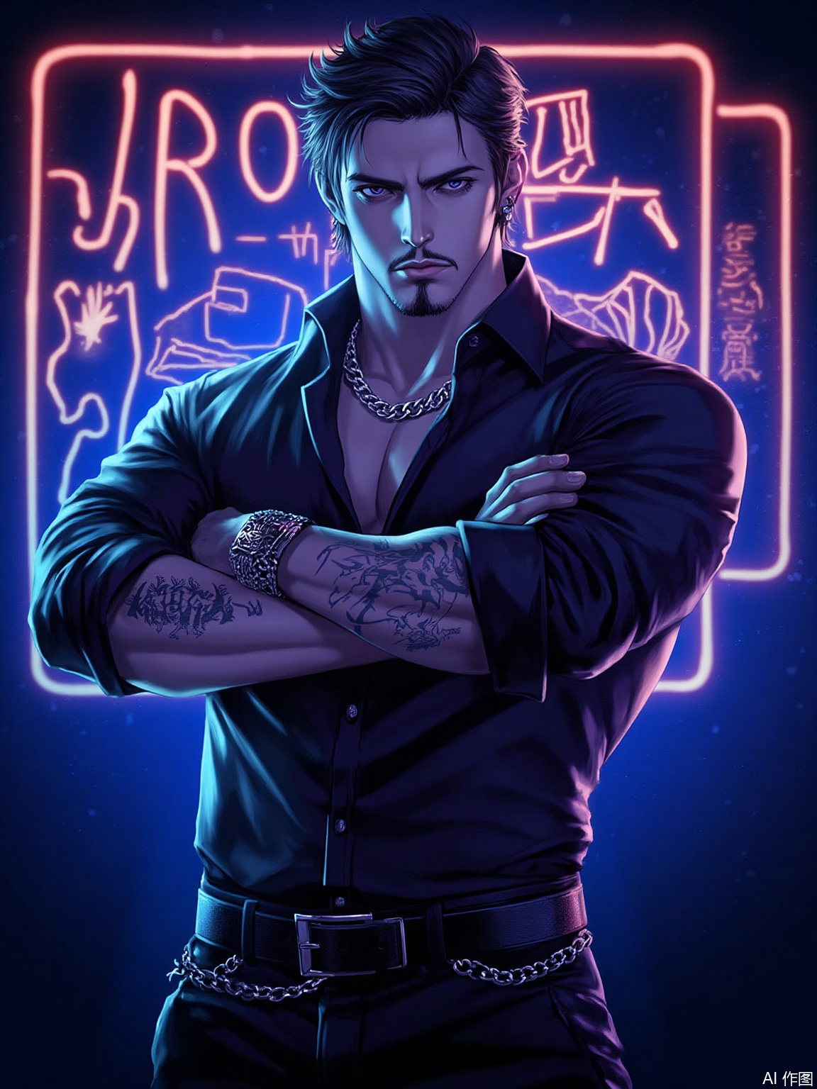 artist_AHDS,A man standing in front of a neon sign with his arms crossed.male focus, tattoo,, belt,jewelry, solo focus, crossed arms, looking at viewer, necklace, leather, pants, shirt, black hair, night, 1boy, cyberpunk, chain, muscular
