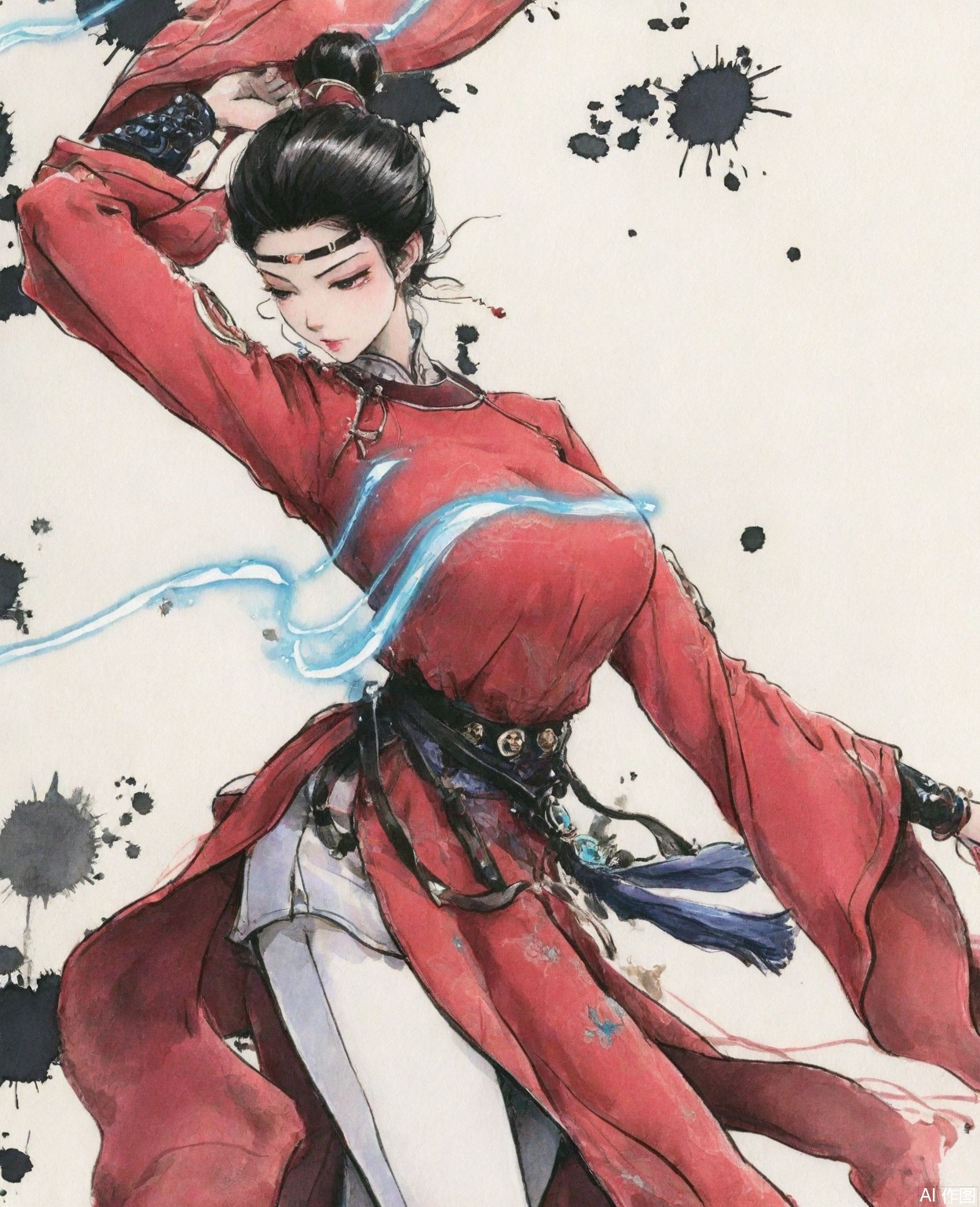 ((very awa)),solo,highly detailed,(best quality),((masterpiece)),1girl,,ge,chi,,traditional media,painting \(medium\),watercolor \(medium\),large breasts,,zhihua,black hair,hair bun,jewelry,