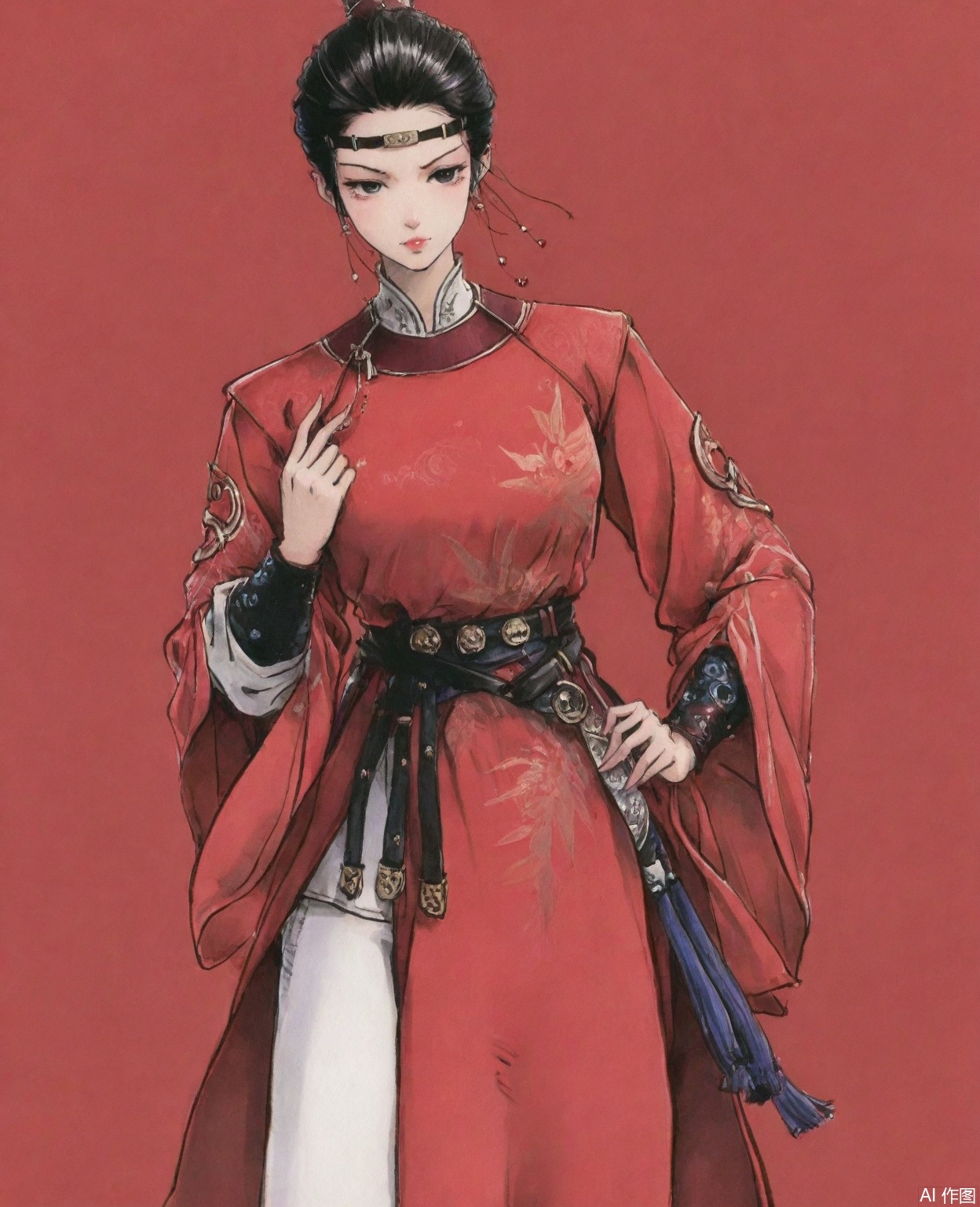 ((very awa)),solo,highly detailed,(best quality),((masterpiece)),1girl,,ge,chi,,traditional media,painting \(medium\),watercolor \(medium\),large breasts,,zhihua,black hair,hair bun,jewelry,