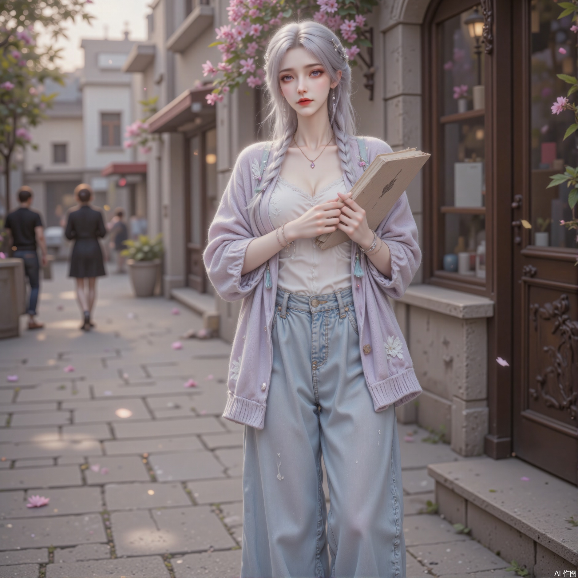 A woman about 25 years old, with white hair as bright as moonlight, braided into loose braids hanging on her shoulders, and the ends were gently tied with a light blue ribbon. Her makeup is fresh and natural, with light pink eyeshadows smudged eye sockets, paired with slender eyeliners and curly eyelashes, her eyes are bright and gentle; the light pink blush swipes lightly on her cheeks, and the lip color is a hydrated pink lip balm, showing her gentle temperament. She was wearing a loose off-white shirt with light blue lace lace on the collar and cuffs of the shirt. The hem of the shirt was slightly stuffed into a light blue high-waisted wide-leg pants. The material of the pants was light and breathable, and the legs were wide and flowing. She wore a lilac knitted cardigan on the outside, which had white floral embroidery patterns on the cardigan, adding a bit of sweetness. She wore a pair of light brown flat leather shoes on her feet, exquisite carvings on the upper, paired with white cotton socks. She wore a wooden necklace around her neck with a small shell pendant hanging on it; several braided bracelets of different colors on her wrists, and a vintage notebook and a pen in her hands. She strolled along the streets of a small town full of retro atmosphere, surrounded by ancient buildings and blooming flowers, with a quiet smile on her face as if she was looking for inspiration.
