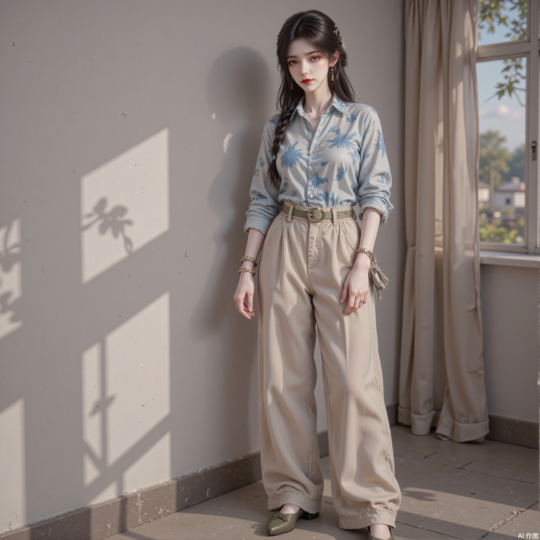 The 24-year-old girl is wearing a haze blue tie-dye silk shirt, with beige ramie wide-leg pants, and the trouser legs are covered with hand-sewn cotton thread tassels. The waist is tied with olive green leather waist chain, suede loafers on the feet, and the upper is inlaid with copper gear buckles. Long ebony black hair is braided with dark green ribbons and drooped to the collarbone, mossy green velvet hairbands are wrapped around the ends, and ear bones are punctured and scrubbed metal ear bone clips. She stood barefoot in front of the linen curtains in the gallery to debug the light. The morning light penetrated the cotton and linen fabric and plated soft light on the surface of the silk. The 3D rendering perfectly presents the rough texture of ramie and the pearlescent flow of silk. The frame projected on the wall to form geometric light and shadow, the pupils showed a blue-green gradient, and the background blurred oil brushstrokes intertwined with suspended turpentine light particles.