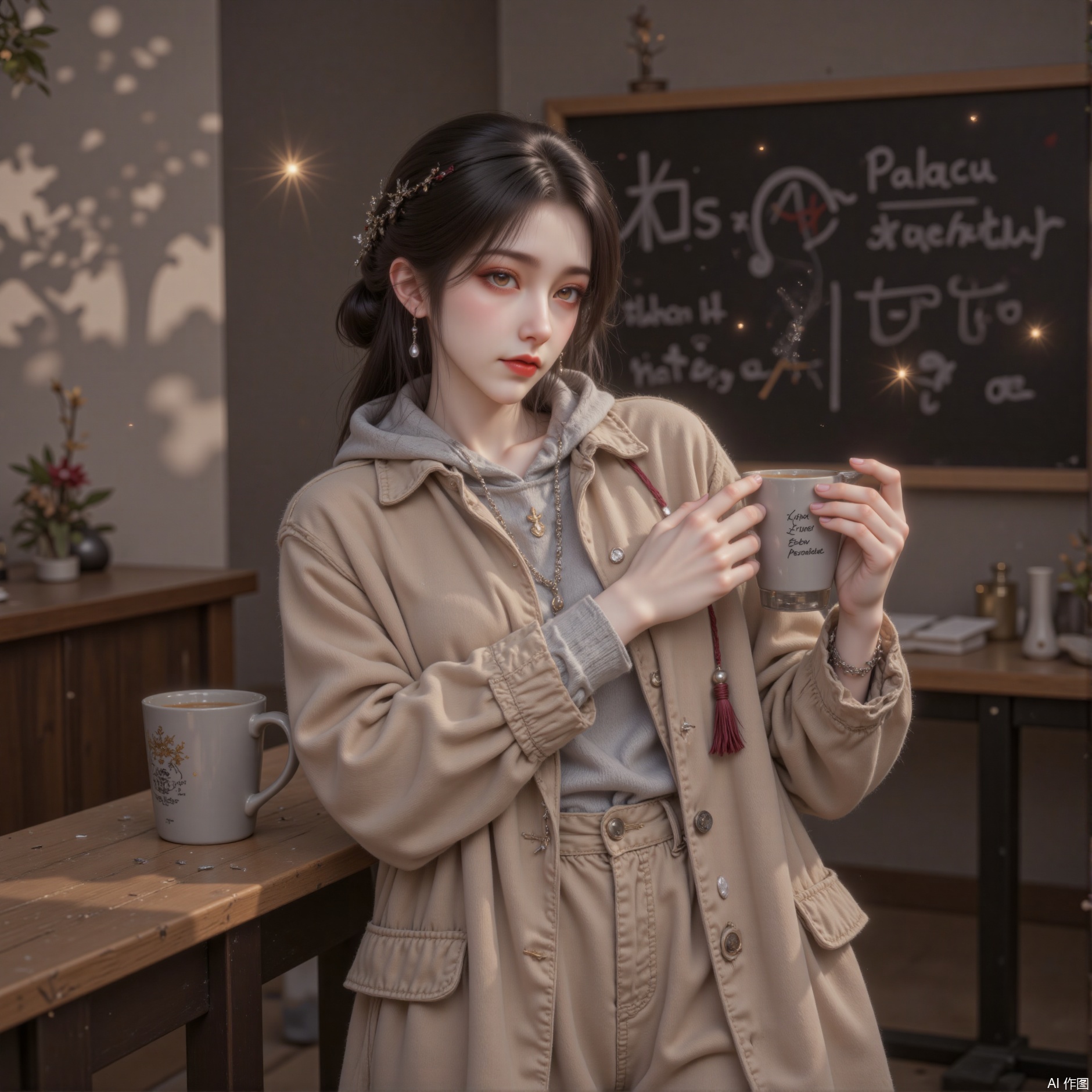 The 24-year-old senior sister wore a smog grey knitted cardigan, an oatmeal hooded sweatshirt on the inside, and khaki ramie-blend high-waisted wide-leg pants on the bottom. The trouser legs were covered with hand-sewn cotton thread tassels. Wear a short beige linen windbreaker on the outside, with a rolled-up cuff showing a tattoo of forearm, and a silver gear waist chain hanging around the waist. The long black hair is tied into a fishbone braid and droops to the collarbone, dark red ribbons are wrapped around the hair, the ear bones are punctured and matte metal frame glasses, and tortoiseshell thin chain glasses are mounted on the bridge of the nose. She leaned against the wooden bar in the campus cafe. The warm light penetrated the latte lacquer milk bubbles and cut a fine grating on the surface of the ramie fabric. The 3D rendering perfectly presents the knitted fluffy texture and the natural folds of linen. The mug tapped with her fingertips reflected the shadow of the sycamore tree by the window along the condensed water droplets, and the pupils showed amber star gradient. The blackboard handwritten formula with a blurred background was intertwined with suspended chalk gray light particles.