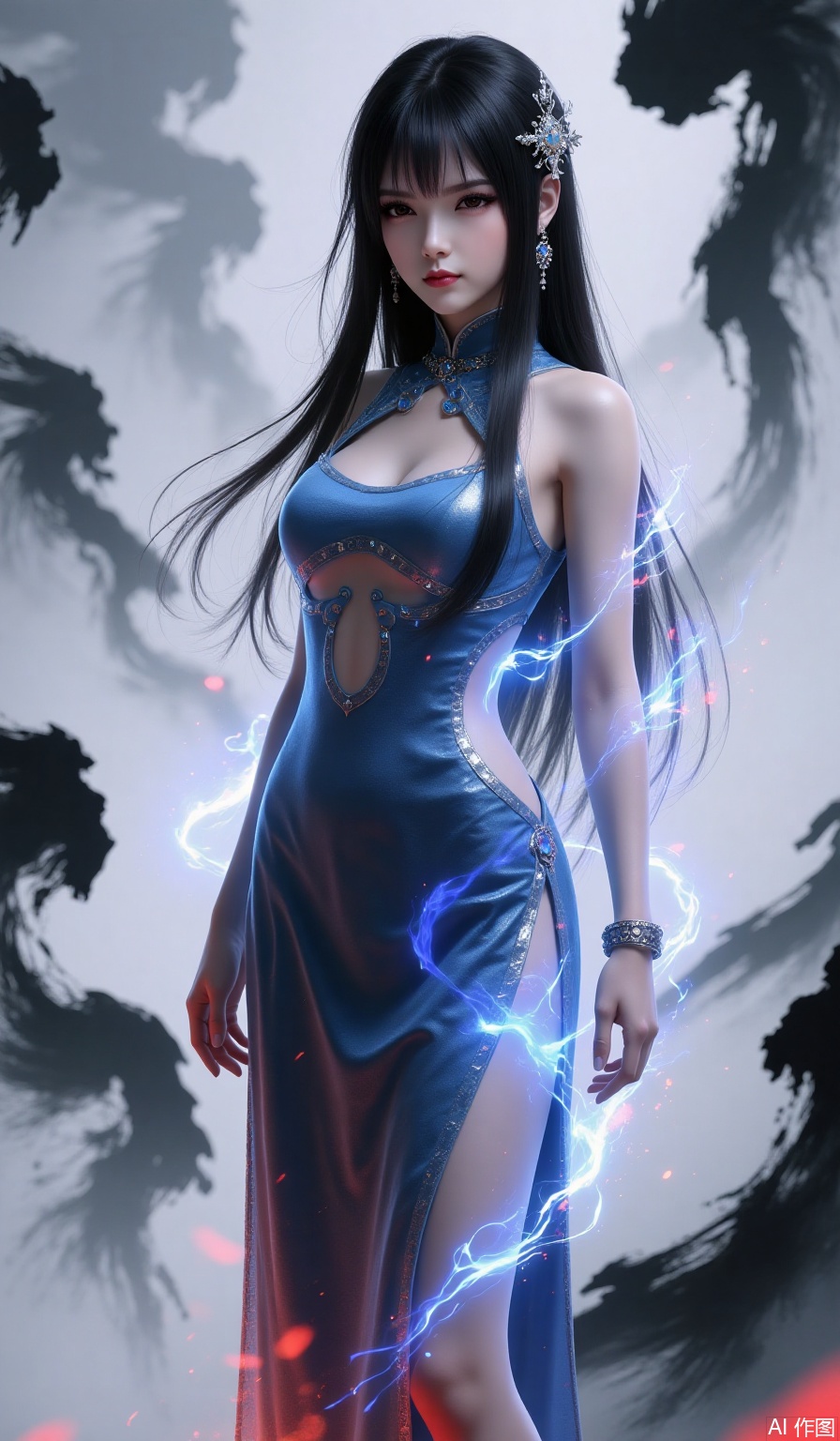 1girl, solo, long hair, breasts, looking at viewer, black hair, hair ornament, dress, cleavage, bare shoulders, brown eyes, jewelry, medium breasts, standing, earrings, bracelet, clothing cutout, blue dress, glowing, chinese clothes, cleavage,cutout, china dress, side slit, arms at sides,ink background