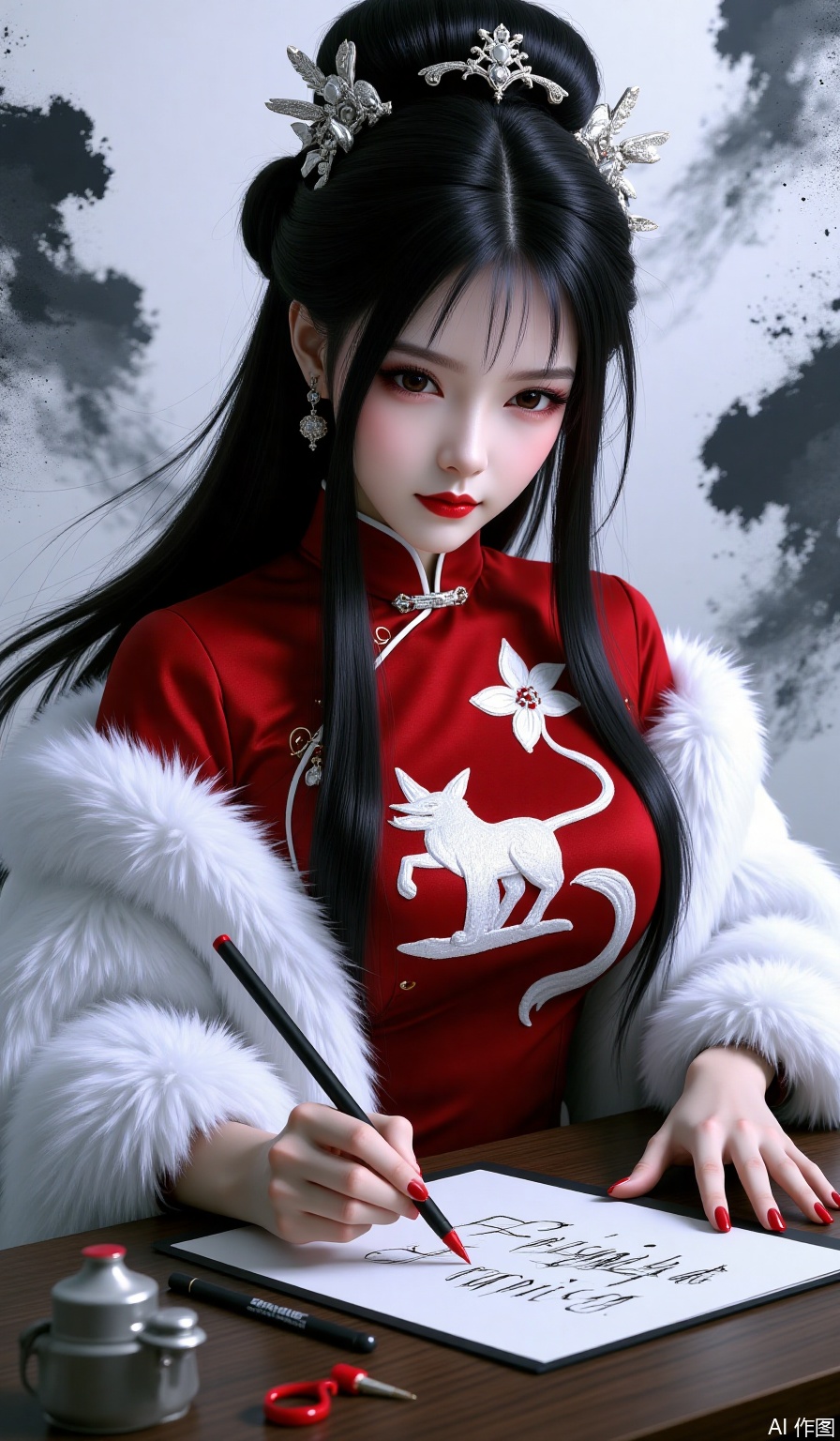 Chinese aesthetics, Chinese style illustrations, brushstrokes, texture, royal sister, princess cut, long straight hair, long flowing hair, Chinese style outfit, red cheongsam, white fox embroidered on the cheongsam, white plush overly, white face and red lips, exquisite, gangster lady style, heroine, gorgeous and elegant, exquisite hairpin, evil, cold, lazy, be aesthetics, black hair, 3D real-person modeling, writing brush words at the desk