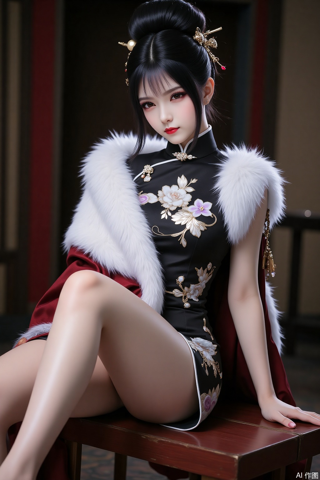 1girl,solo,breasts,looking at viewer,bangs,black hair,hair ornament,dress,sitting,sidelocks,hair bun,blurry,fur trim,makeup,blurry background,chinese clothes,single hair bun,red lips,hair stick,high heels,legs