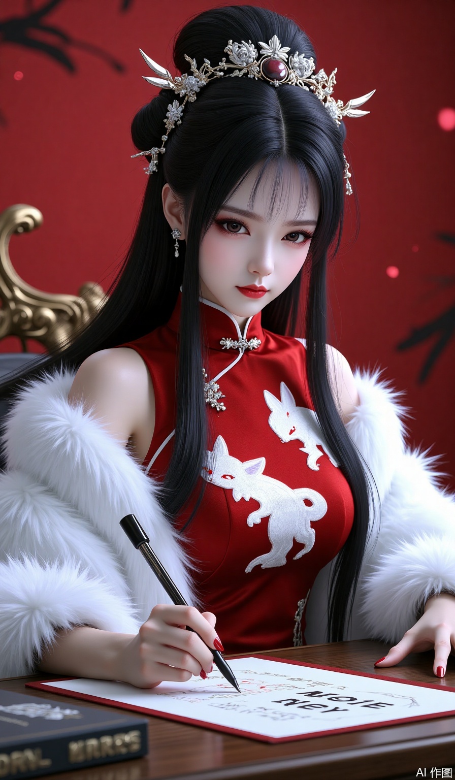 Chinese aesthetics, Chinese style illustrations, brushstrokes, texture, royal sister, princess cut, long straight hair, long flowing hair, Chinese style outfit, red cheongsam, white fox embroidered on the cheongsam, white plush overly, white face and red lips, exquisite, gangster lady style, heroine, gorgeous and elegant, exquisite hairpin, evil, cold, lazy, be aesthetics, black hair, 3D real-person modeling, writing brush words at the desk
