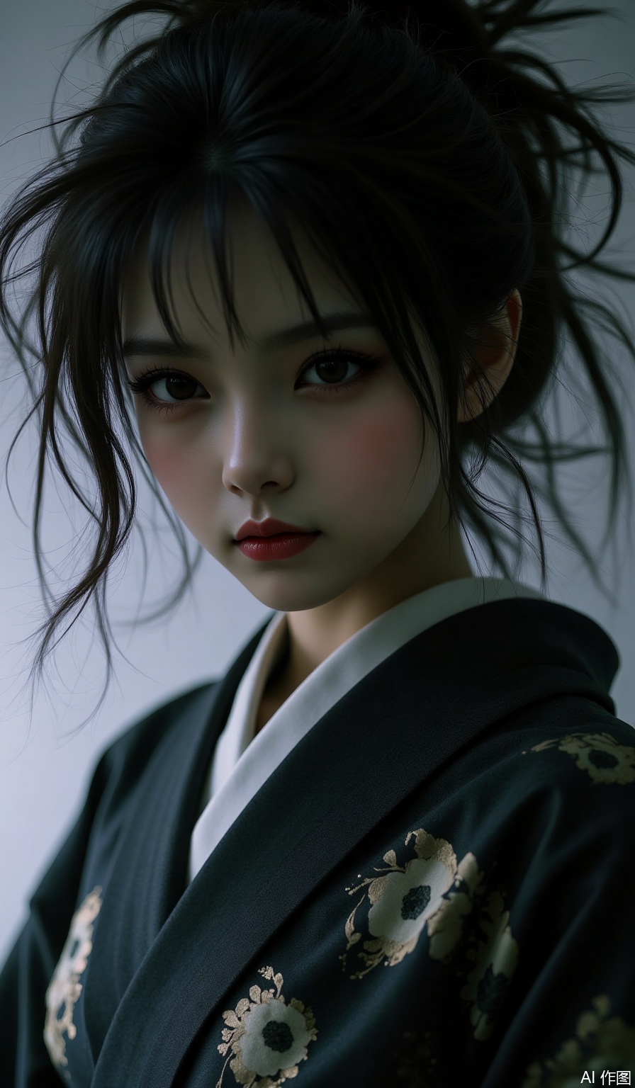 Dark hazy tone, faint light color fading, hazy, focus blur, close-up, a lively pure Ayaha beautiful girl's fuzzy portrait, kimono, messy beauty, high appearance, retro, blur, low saturation, reflection, texture, flood blur, high noise, film grain texture, minimalist style, grayscale aesthetics, freehand, avant-garde visual art aesthetics, high-end sense, masterpiece, 