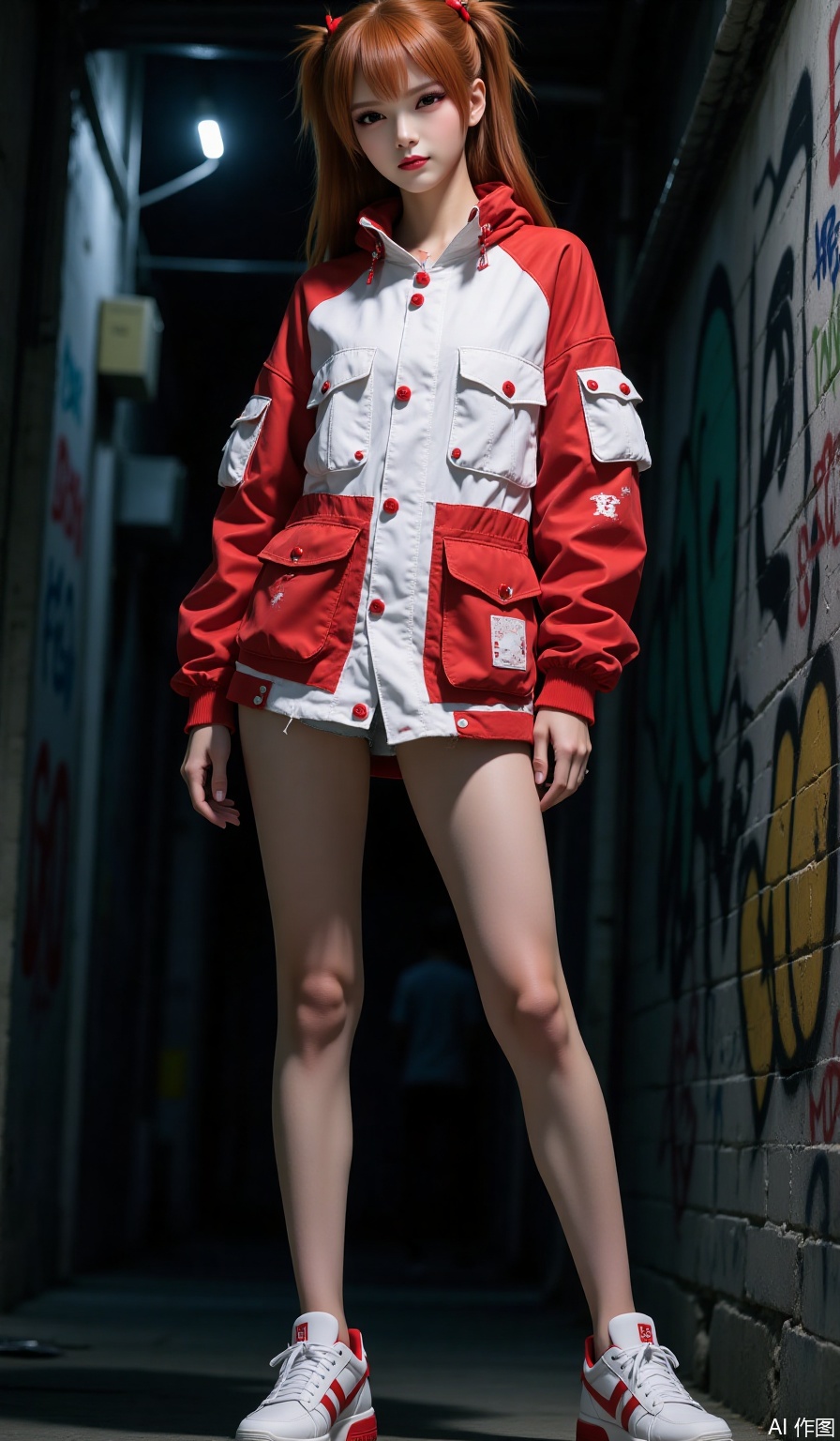 "Evangelion" Asuka, a live cosplay photo, she is wearing a shabby red and white color-blocking functional-style jacket (wear, tear texture in details), with multiple pockets and red fasteners on the jacket to add to the trend. Paired with white sneakers, the sides are decorated with red details, and the overall shape is full of street style, showing off your personality and long legs. The expression is a bit cool, the eyes are drooping, and the casual and unruly temperament is revealed. Her right hand sags naturally, her left hand slim and her posture is loose and confident. It uses a slightly lower angle lens on the front to highlight the body lines and style of dressing. The background is a quiet street, looking down at the camera, slightly curling the corners of lips, the background is an alley full of graffiti and small advertisements, dim, looking down at the camera, the royal sister, delicate and shiny hair, standing, big boobs. Shooting at low angle. The skin texture is delicate and real. Accurately portray the texture and details of the clothing. The dark background, the outline of the character is clear and sharp, the 8K ultra-clear picture quality shows the skin details, the dark parts retain rich layers, presenting a blurry scene atmosphere, highlighting the main character. The picture has the highest picture quality, the light and shadow transition naturally, and the color restores the real color. Thick coating. Dark tone. Alternate contrast of light and dark. Low perspective. close up. Dynamic blur. A full impact picture. Fine, skin highlights, stream of consciousness, background texture, ultra-high definition, high quality, high quality, clear picture, advanced light capture technology, professional post-processing optimization, rendering accuracy beyond game engines, real and delicate skin texture, master-level film and television image standards, super realistic, real rendering, real light and shadow