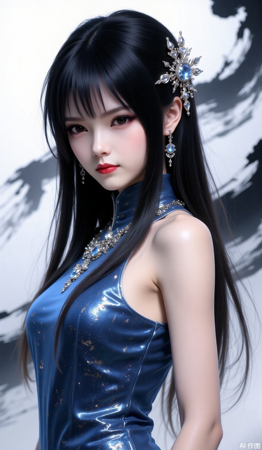 1girl, solo, long hair, bangs, black hair, hair ornament, dress, bare shoulders, jewelry, upper body, earrings, sleeveless, necklace, black eyes, lips, makeup, sleeveless dress, blue dress, lipstick, gem, red lips,ink background