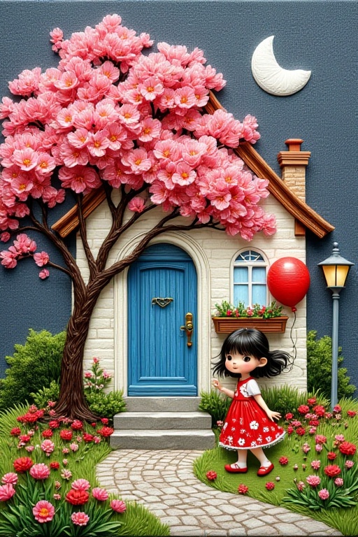 Create an ultra-high-resolution image of a beautifully embroidered piece of fabric in the shape of a quaint house. The emb...