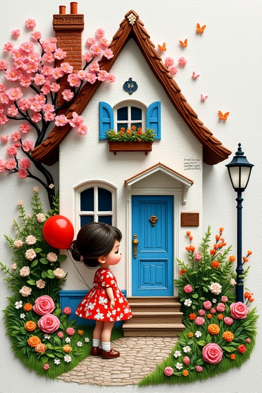 Create an ultra-high-resolution image of a beautifully embroidered piece of fabric in the shape of a quaint house. The emb...