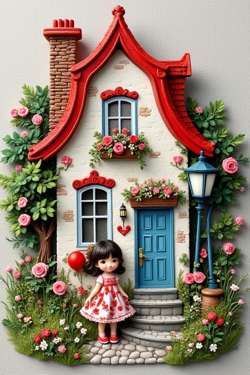 Create an ultra-high-resolution image of a beautifully embroidered piece of fabric in the shape of a quaint house. The emb...