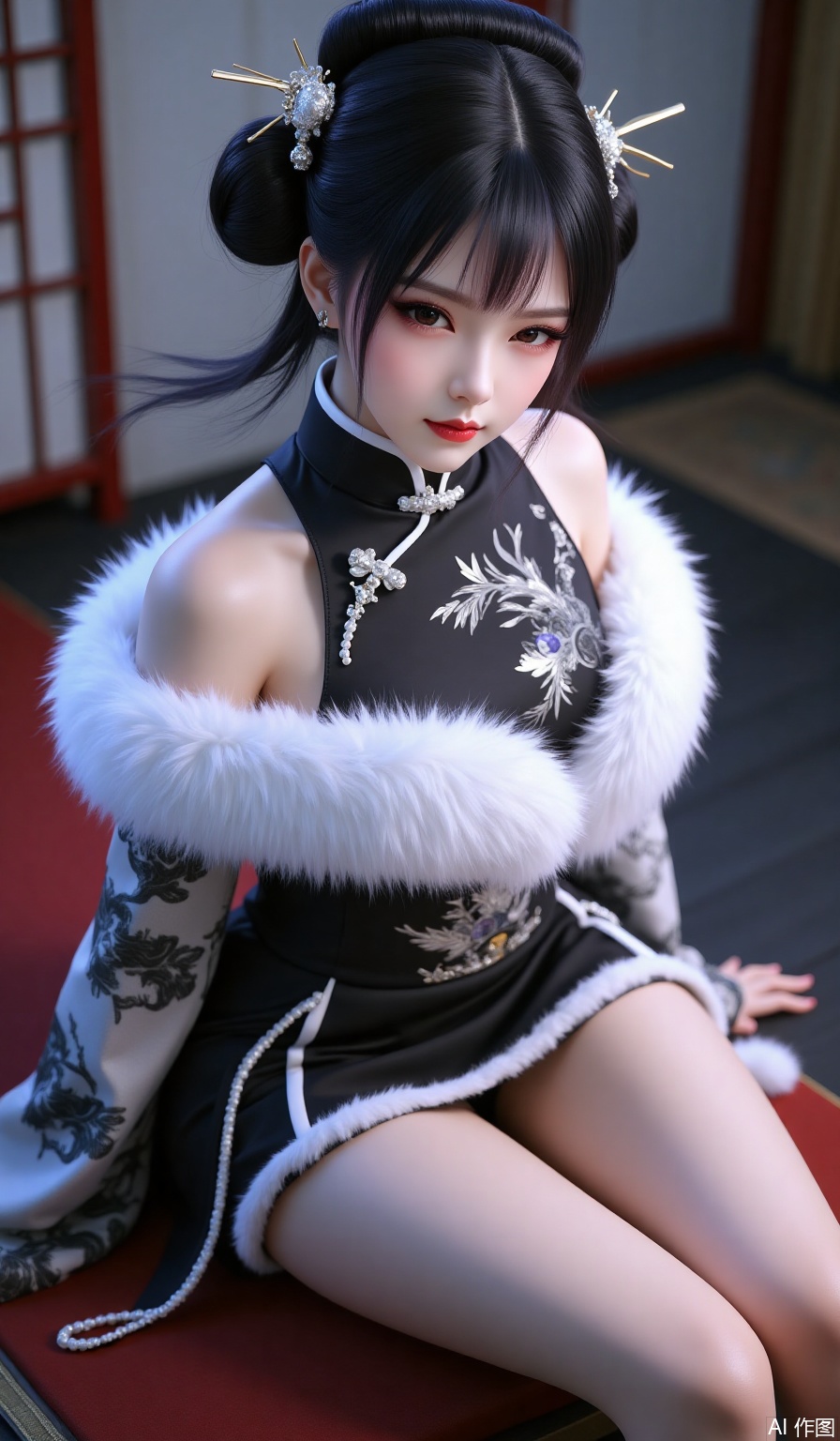 1girl,solo,breasts,looking at viewer,bangs,black hair,hair ornament,dress,sitting,sidelocks,hair bun,blurry,fur trim,makeup,blurry background,chinese clothes,single hair bun,red lips,hair stick,legs