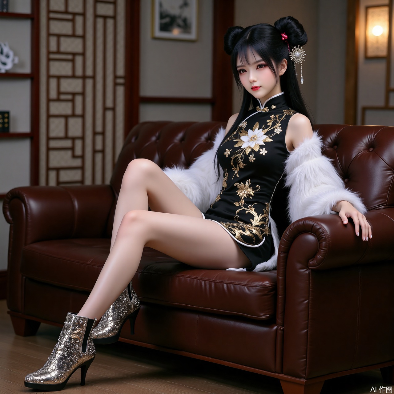 A girl, solo, black hair, twin braids, realistic, Chinese clothing, embroidery, legs, perspective, qipao, two buns, smooth stockings, rhinestone boots, mesh boots, sitting on a leather sofa, crossing her legs.ziyan,from_side