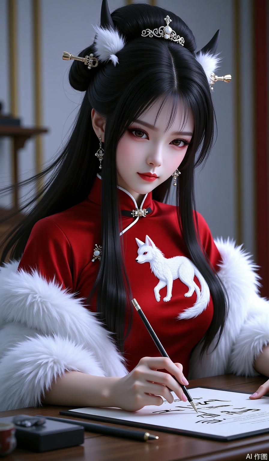 Chinese aesthetics, Chinese style illustrations, brushstrokes, texture, royal sister, princess cut, long straight hair, long flowing hair, Chinese style outfit, red cheongsam, white fox embroidered on the cheongsam, white plush overly, white face and red lips, exquisite, gangster lady style, heroine, gorgeous and elegant, exquisite hairpin, evil, cold, lazy, be aesthetics, black hair, 3D real-person modeling, writing brush words at the desk