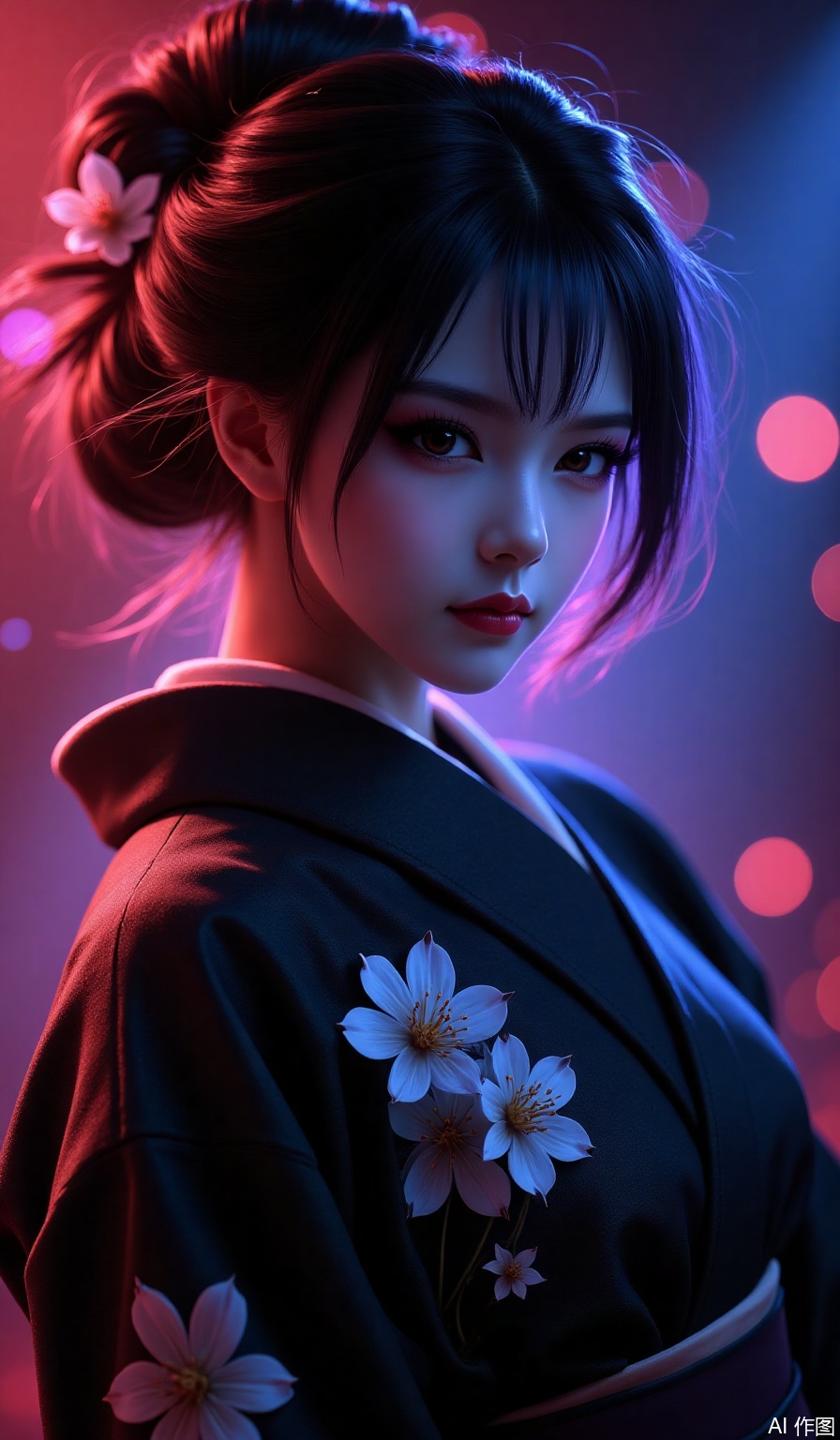 1girl,with a black kimono adorned with flowers.,Trendy K Style, neon lighting, highly detailed, ultra-high resolutions, 32K UHD, best quality, masterpiece