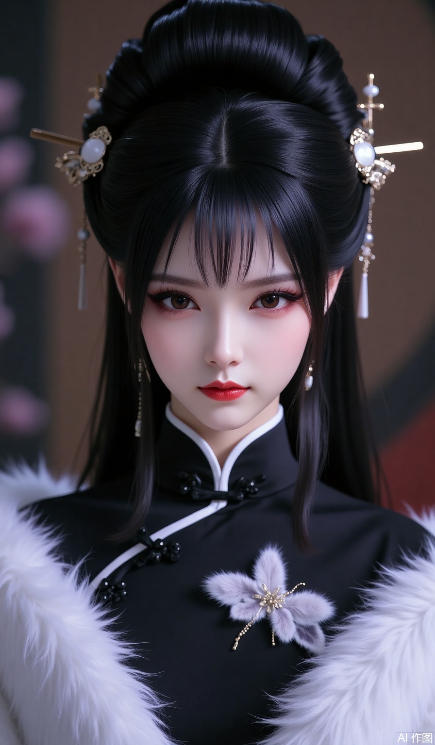 1girl,solo,breasts,looking at viewer,bangs,black hair,hair ornament,dress,closed mouth,upper body,sidelocks,hair bun,blurry,black eyes,lips,fur trim,makeup,blurry background,chinese clothes,single hair bun,red lips,hair stick,